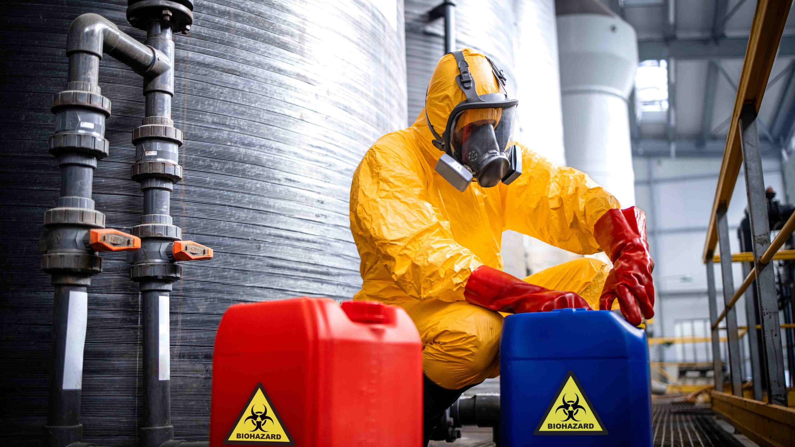 Chemical Handling and Biohazard Safety in Industrial Environments Worker in full yellow hazmat suit and respirator handling red and blue biohazard containers in an industrial facility.