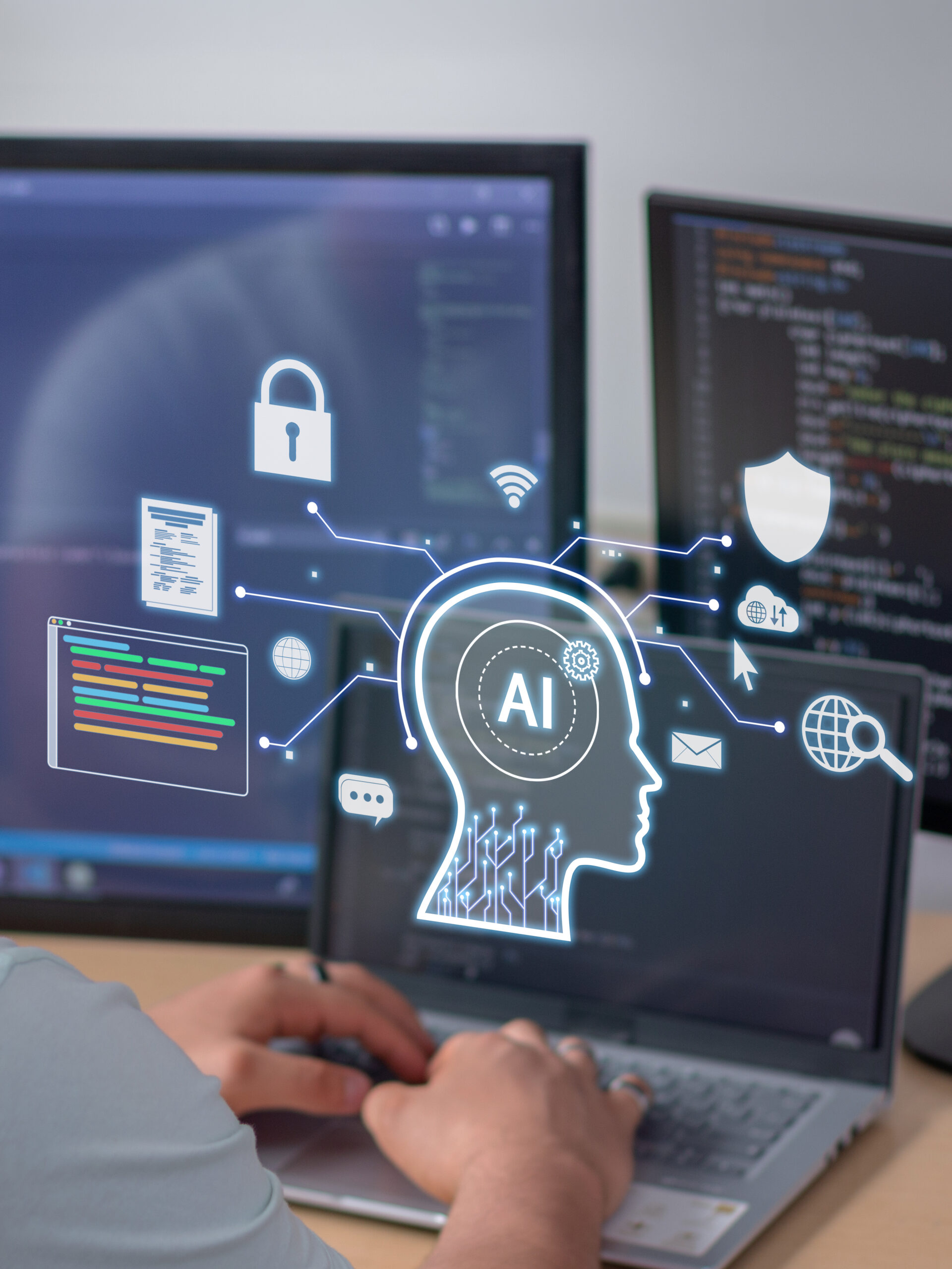 AI-Powered Data Analysis and Digital Safety Intelligence Person working on a laptop with digital AI graphics showing data processing, cybersecurity, and machine learning concepts.