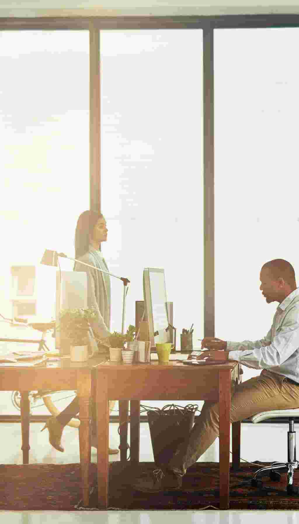 Two colleagues working in a bright modern office, one standing and one seated at a desk with computer equipment and plants.