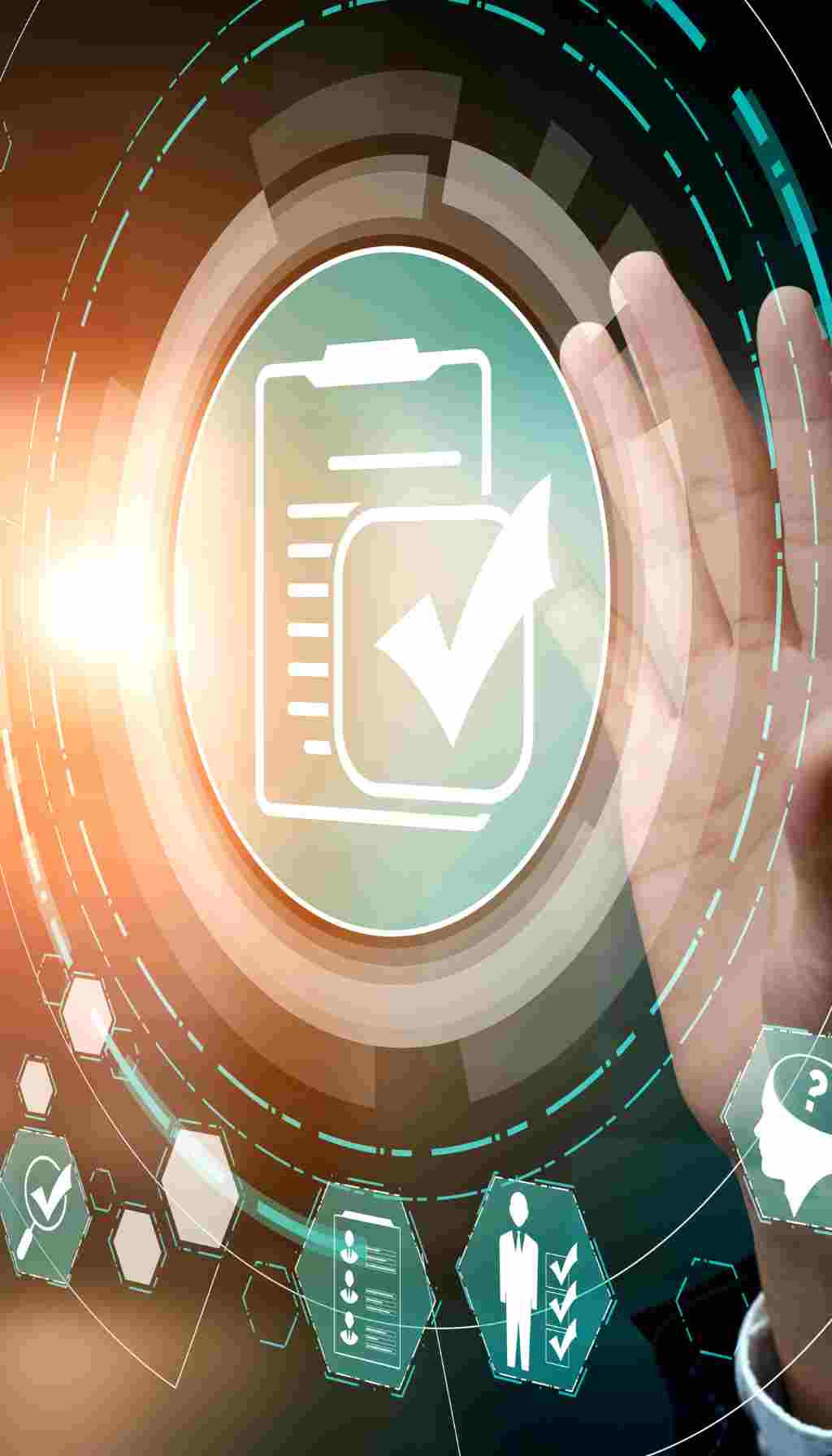Digital HSEQ compliance concept showing a digital checklist and verification icons representing safety audits, inspections, and data-driven compliance management.