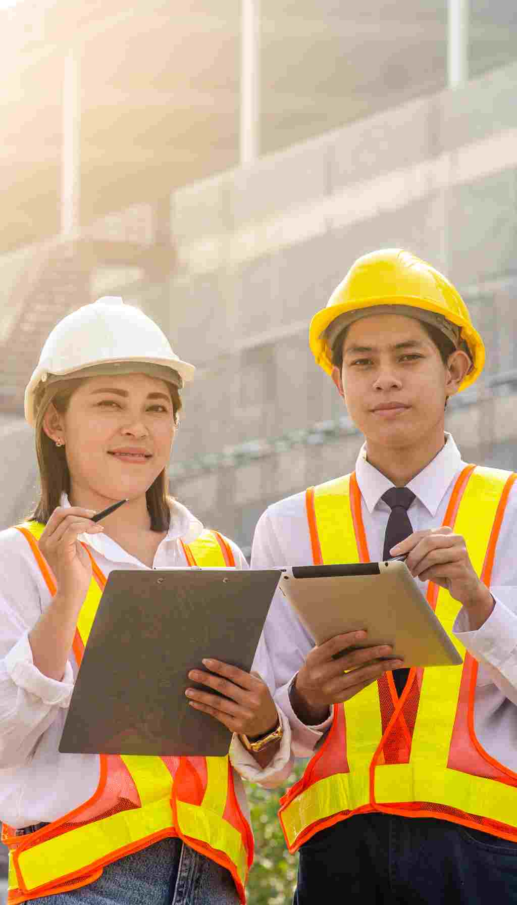 Two construction workers wearing safety helmets and high-visibility vests conducting an on-site safety inspection using a clipboard and a tablet.