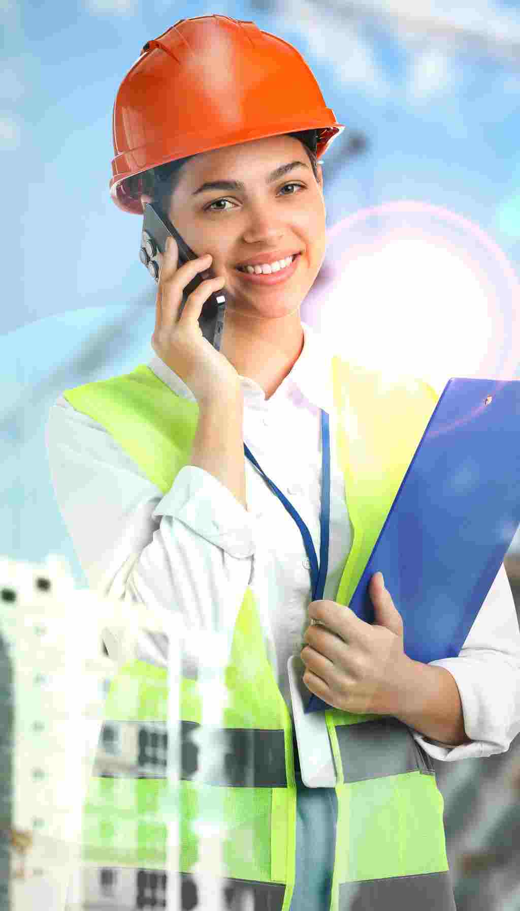 A construction worker wearing a hard hat and high-visibility vest speaking on the phone while holding a clipboard at a work site.