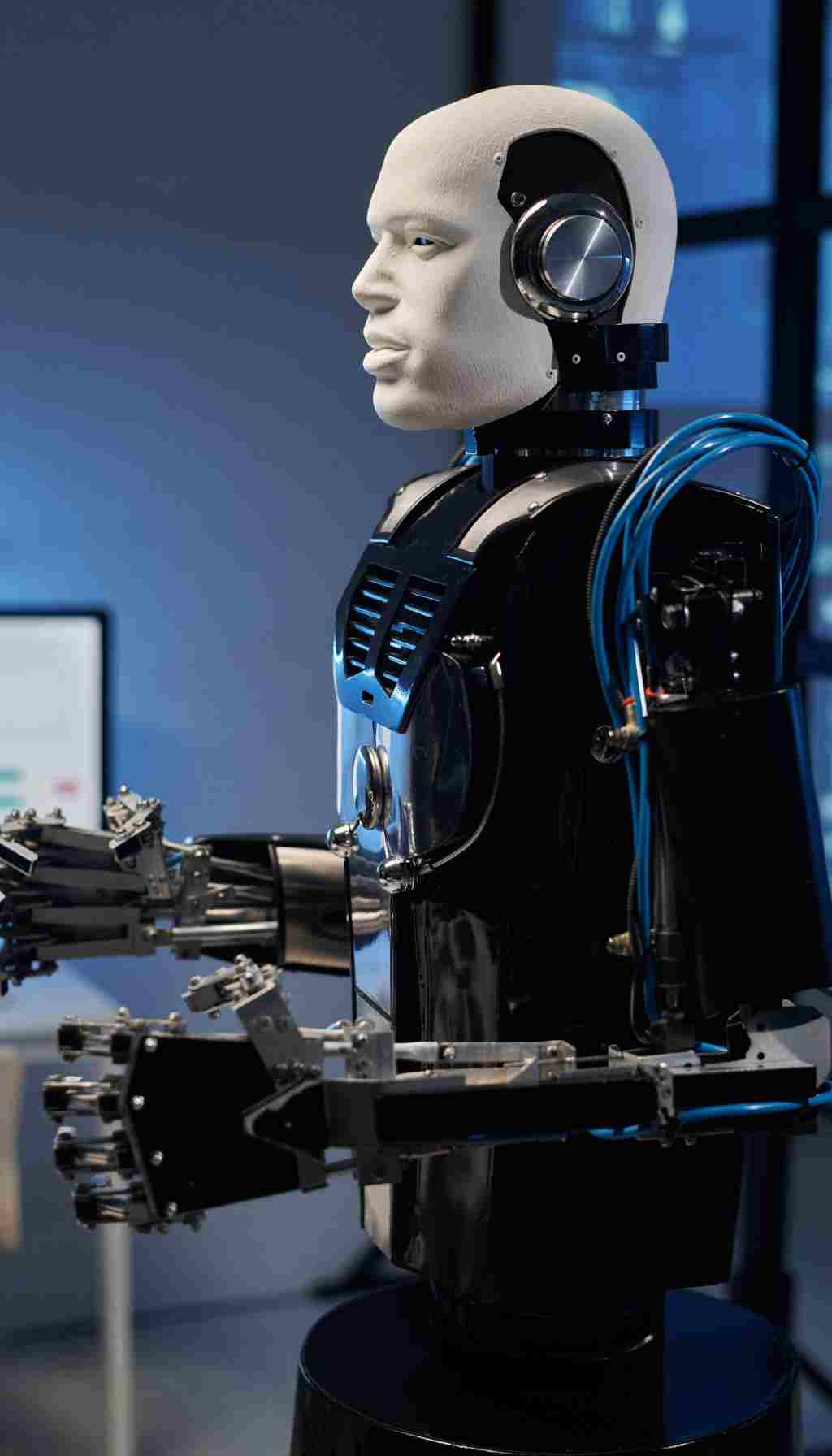 Advanced Robotics Innovation in Workplace Safety Humanoid robot with mechanical arms and a realistic face in a laboratory setting, representing advanced robotics technology.