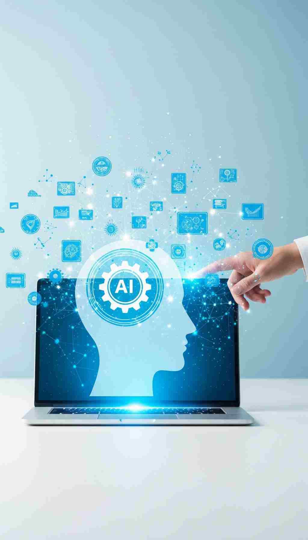 Artificial Intelligence Powering Digital Safety Innovation Laptop displaying an AI-powered digital head illustration with data icons emerging, symbolising artificial intelligence and smart safety technologies.