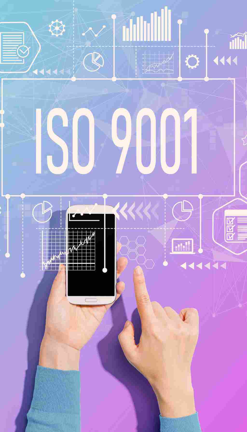 ISO 9001 Quality Management Digital Illustration Hands holding a smartphone displaying a rising performance graph with digital charts and icons in the background, overlaid with the text “ISO 9001,” representing quality management, process improvement, and data-driven performance.
