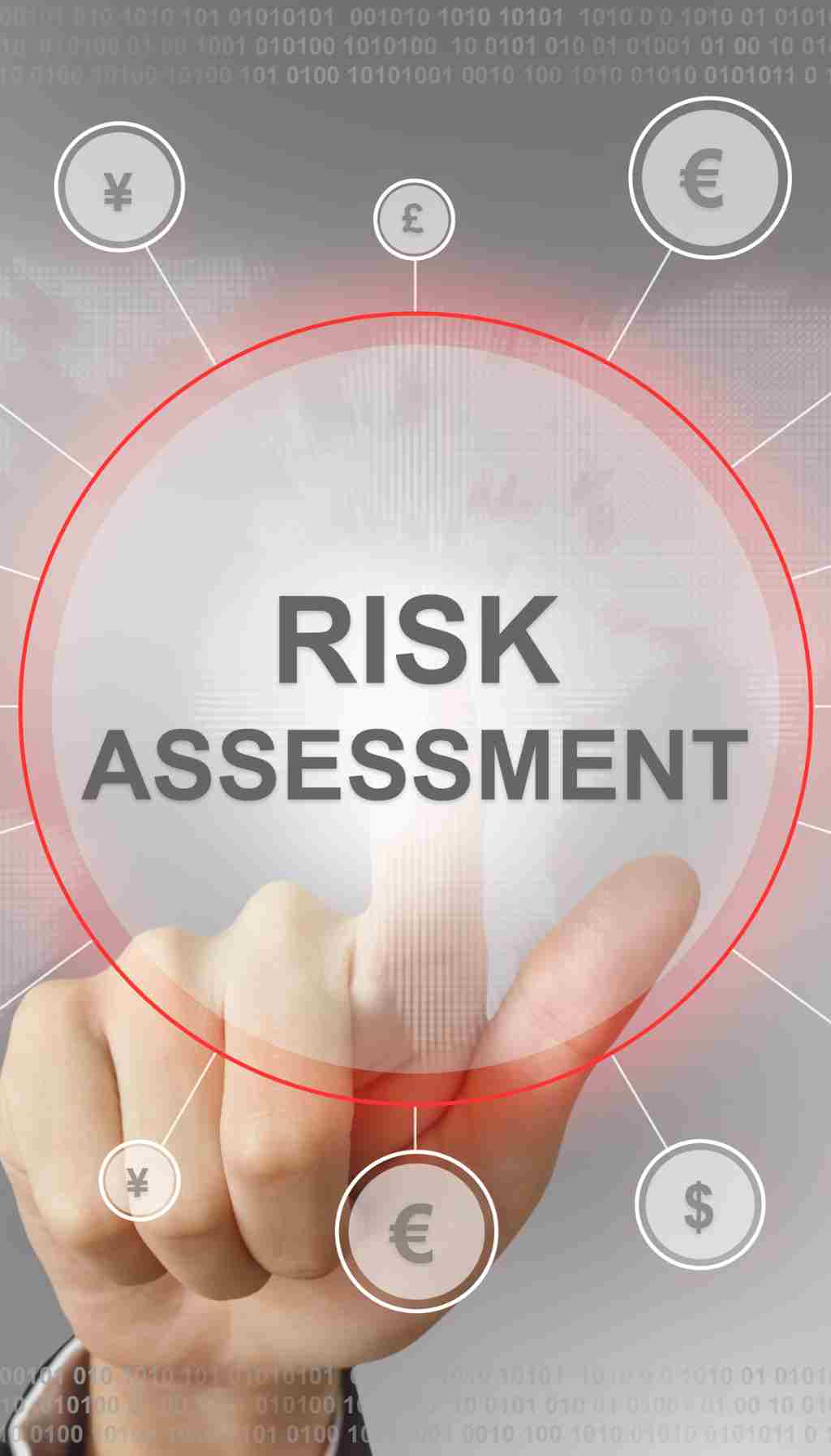 Finger pressing a digital touchscreen button labelled “Risk Assessment” with financial icons in the background, representing workplace risk evaluation and safety management.