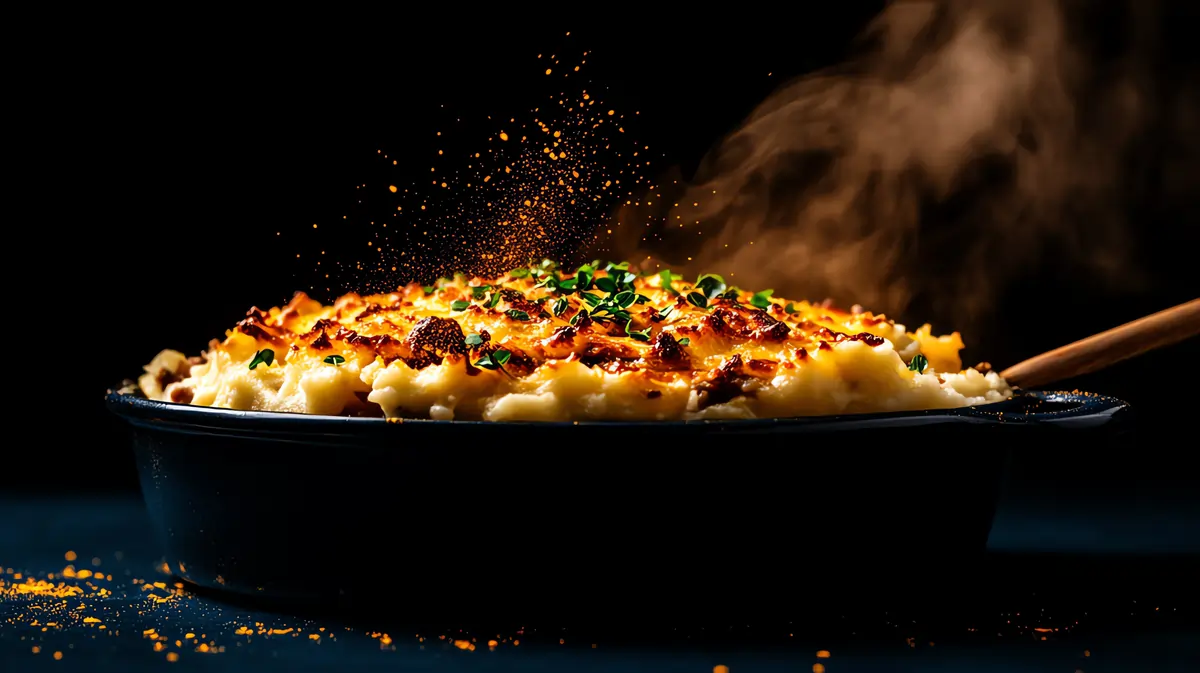 Freshly baked cottage pie with golden mashed potato topping steaming in a cast iron dish.