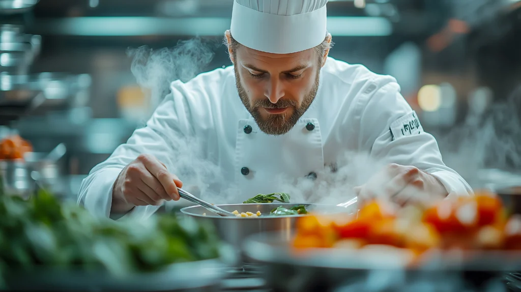 Professional chef adjusting seasoning in a steaming stock pot during large-scale batch cooking in a commercial kitchen.