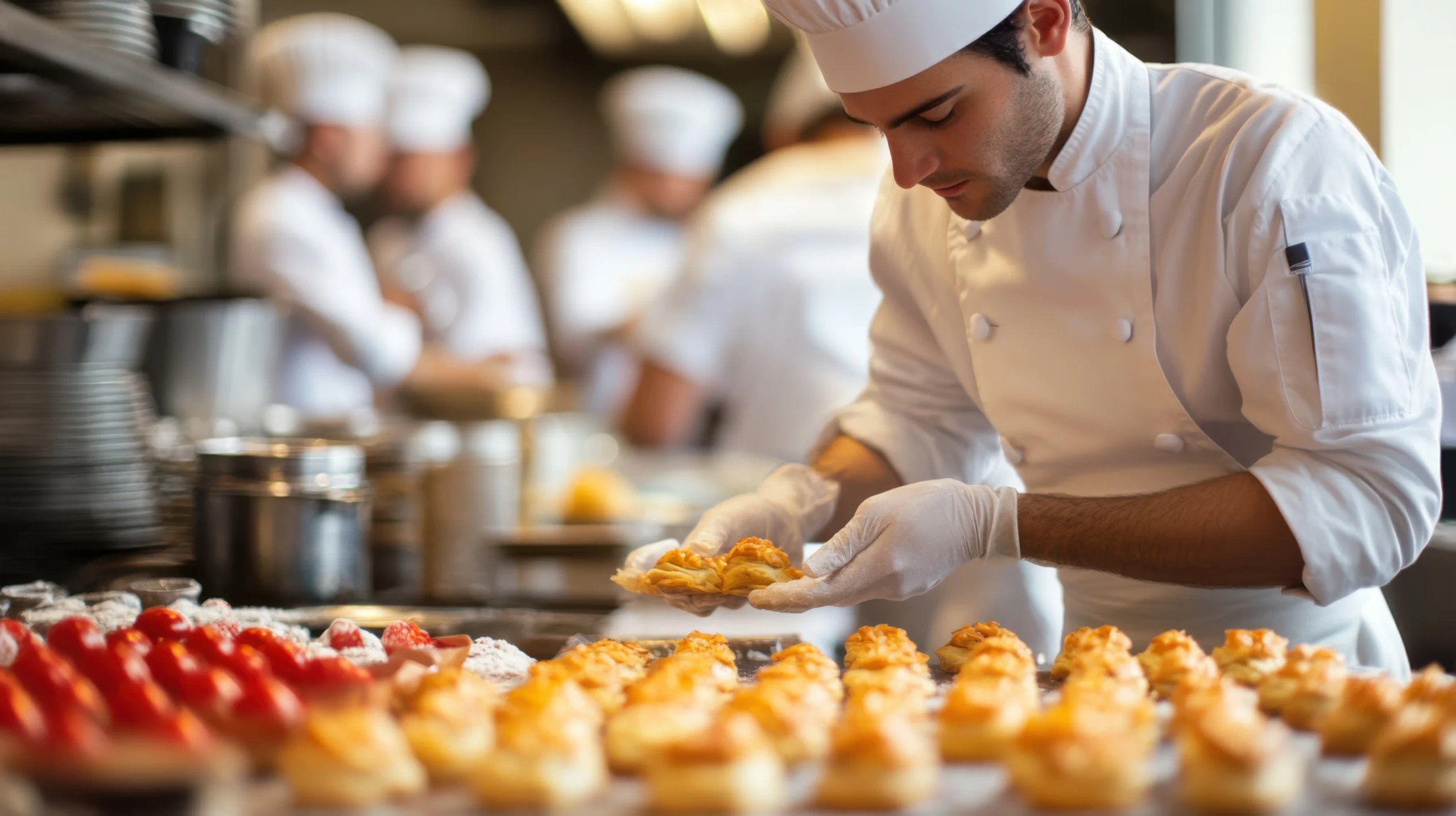 Professional chef wearing gloves carefully assembling pastries on a production line in a busy commercial kitchen.
