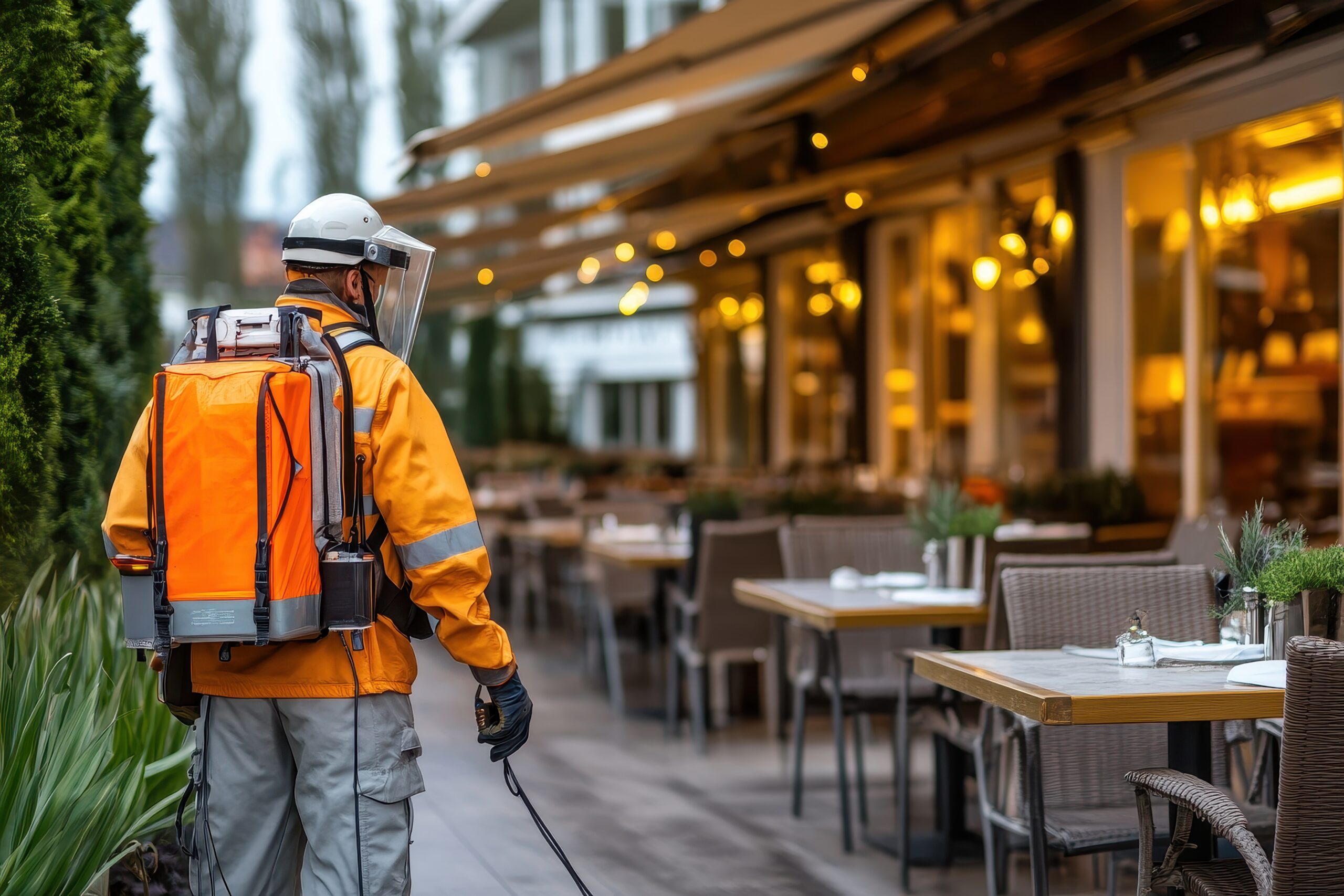 Professional Pest Control Technician Treating Outdoor Restaurant Dining Area Pest control technician in protective gear spraying treatment around an outdoor restaurant seating area.