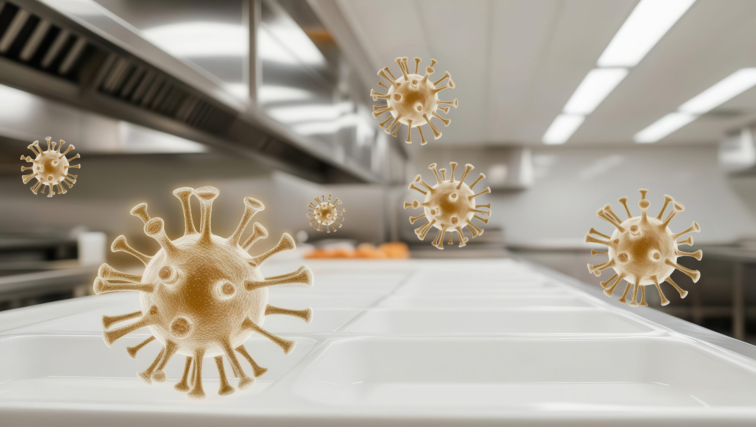 Norovirus Contamination Risks in Commercial Kitchens: Visualising Surface and Airborne Spread 3D illustration of virus particles floating above food preparation surfaces in a commercial kitchen, representing the risk of norovirus contamination and the need for strict hygiene controls.
