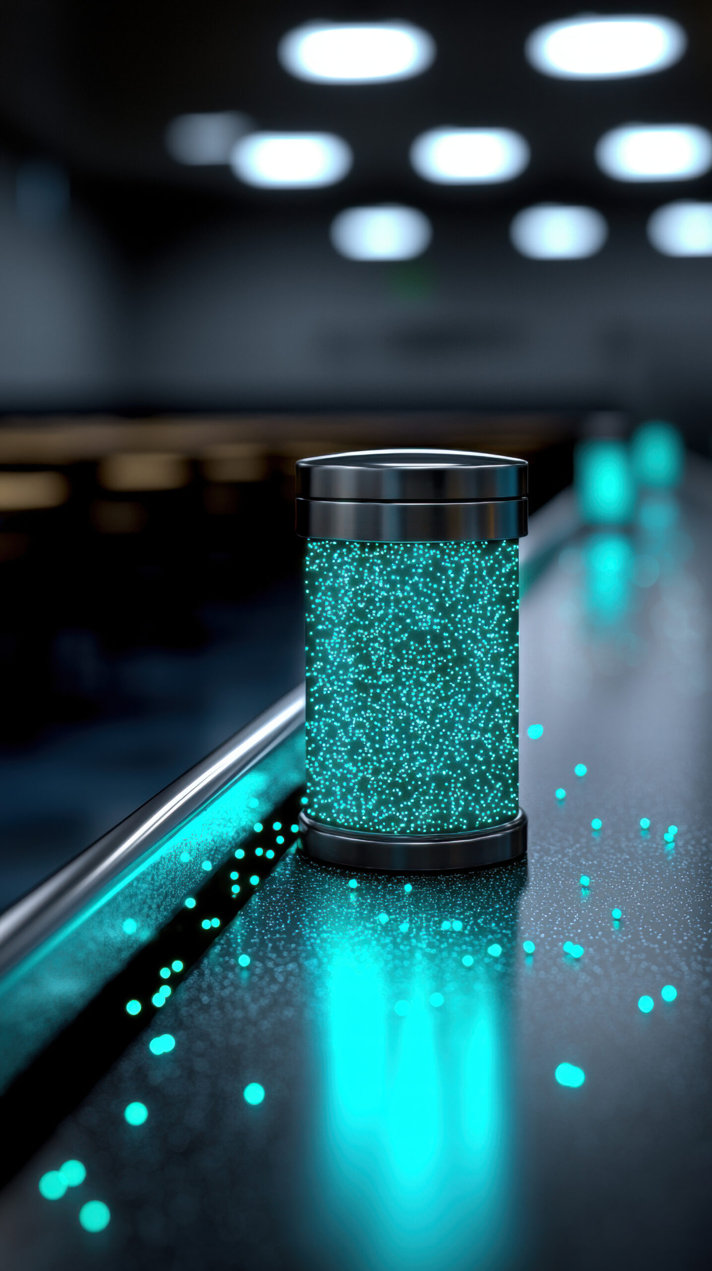 Visualising Cross-Contamination: Simulated Pathogen Spread on Food Preparation Surfaces A container releasing glowing particles across a countertop, symbolising how contamination or pathogens can spread on surfaces in food handling environments.