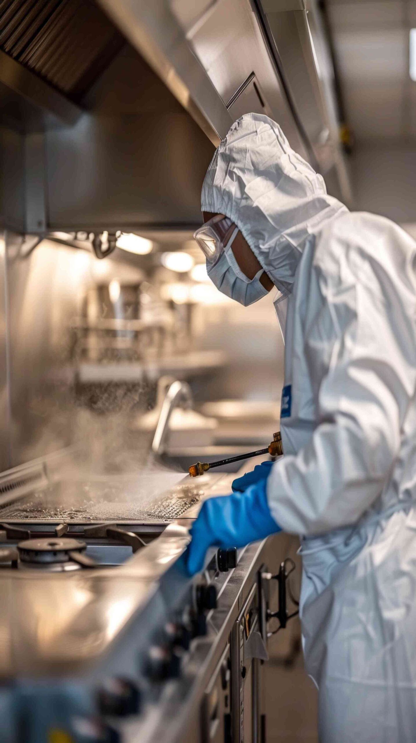 Professional Deep Cleaning and Disinfection in a Commercial Kitchen Environment Worker in full protective gear disinfecting a commercial kitchen stove and surfaces, demonstrating deep cleaning procedures for food safety and contamination control.
