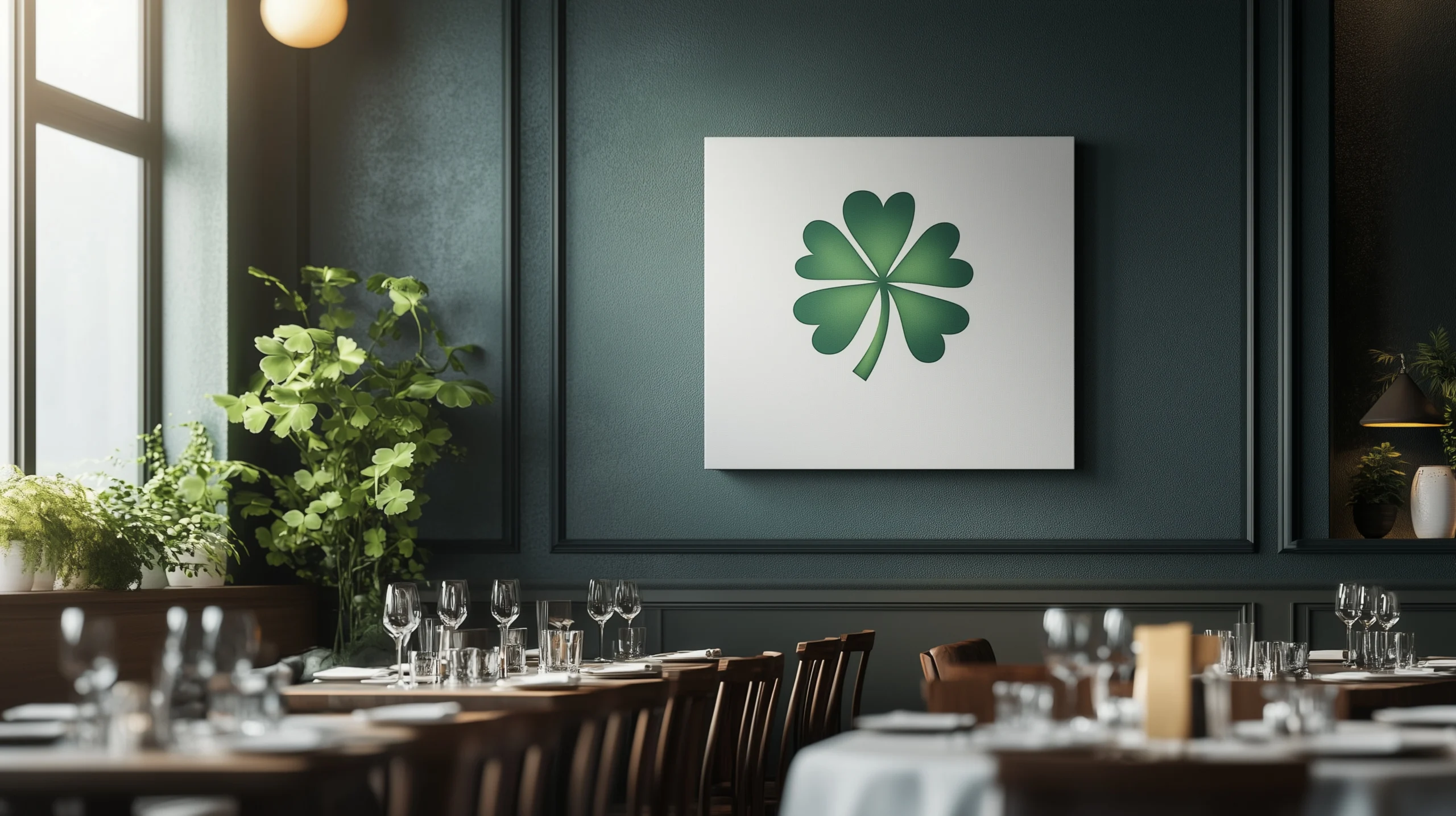 Modern Irish restaurant dining room with neatly set tables and a shamrock artwork displayed on a dark green wall.