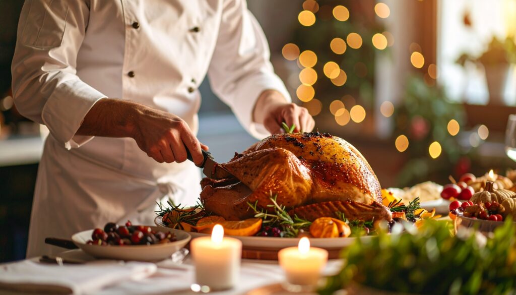 Chef carving a roasted Christmas turkey in a decorated restaurant with candles and festive lights.