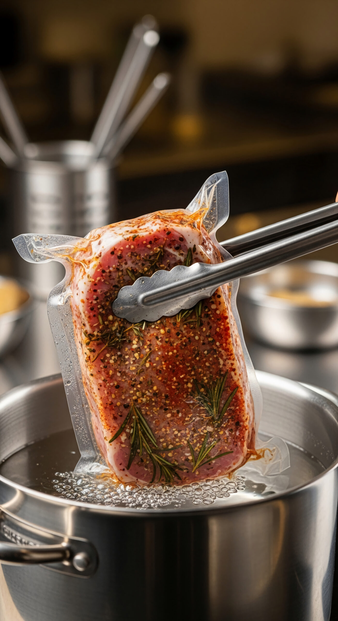 Chef using tongs to lower vacuum-sealed seasoned meat into a pot of hot water for sous-vide cooking, demonstrating precise temperature control in professional food preparation.