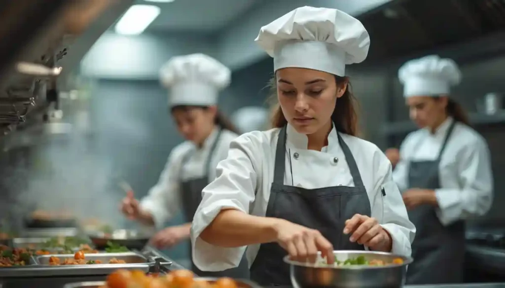 Hospitality kitchen staff preparing food in a professional kitchen, applying food safety and HACCP training during service