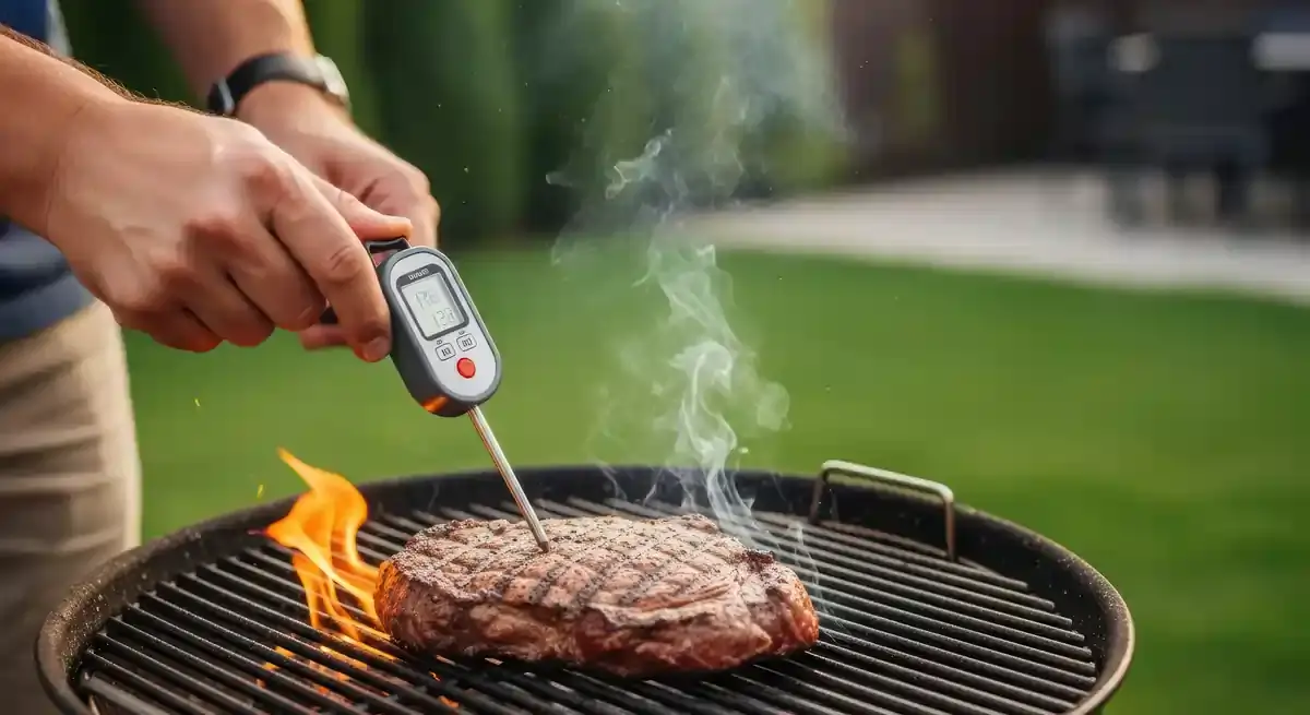 A person using a digital food thermometer to check the internal temperature of a steak cooking on an outdoor grill, with flames and smoke rising.
