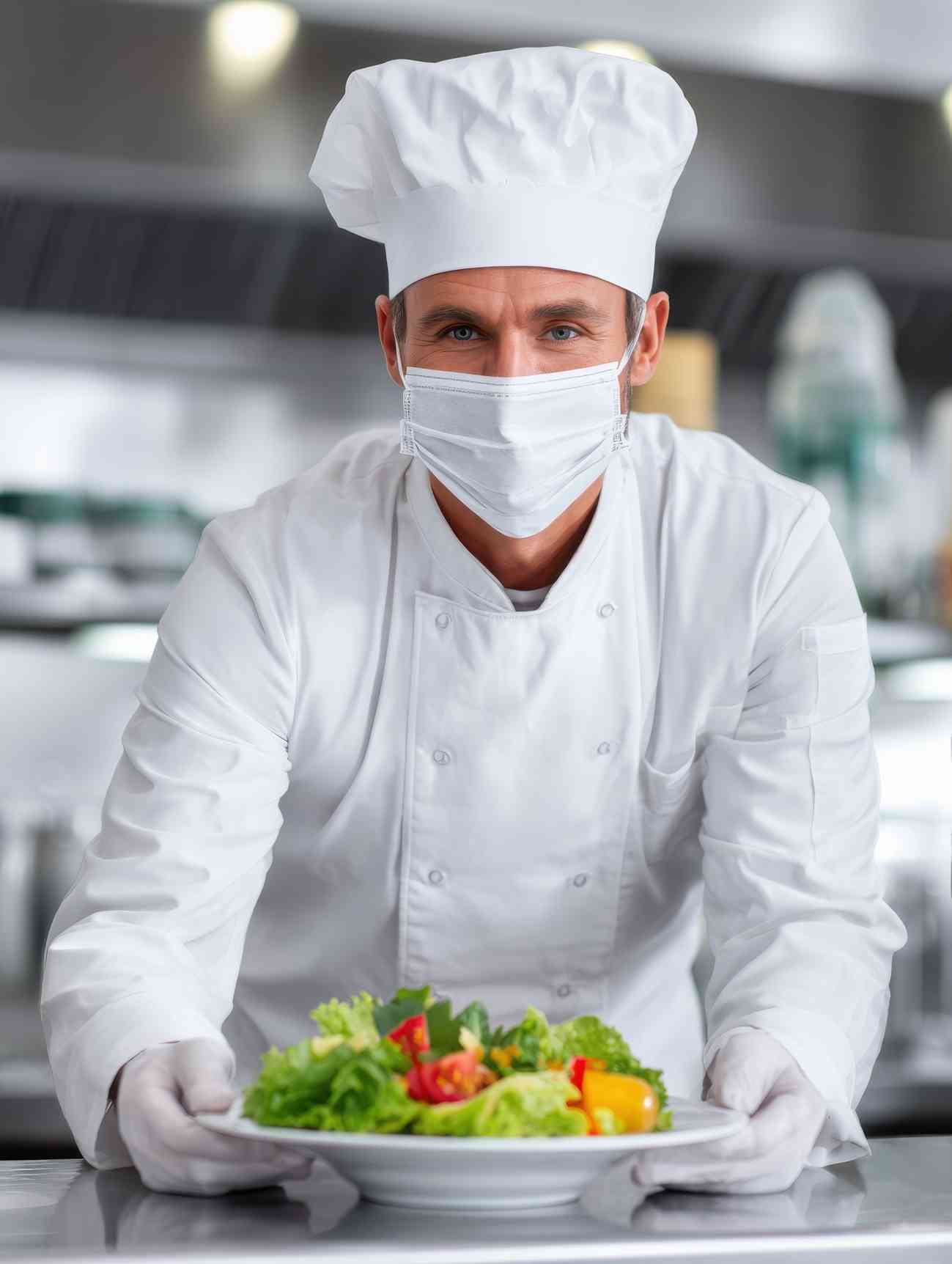 Professional Chef Practising High Food Safety Standards in a Commercial Kitchen Chef wearing a mask, gloves, and full whites while presenting a fresh salad in a commercial kitchen, demonstrating proper food hygiene practices.