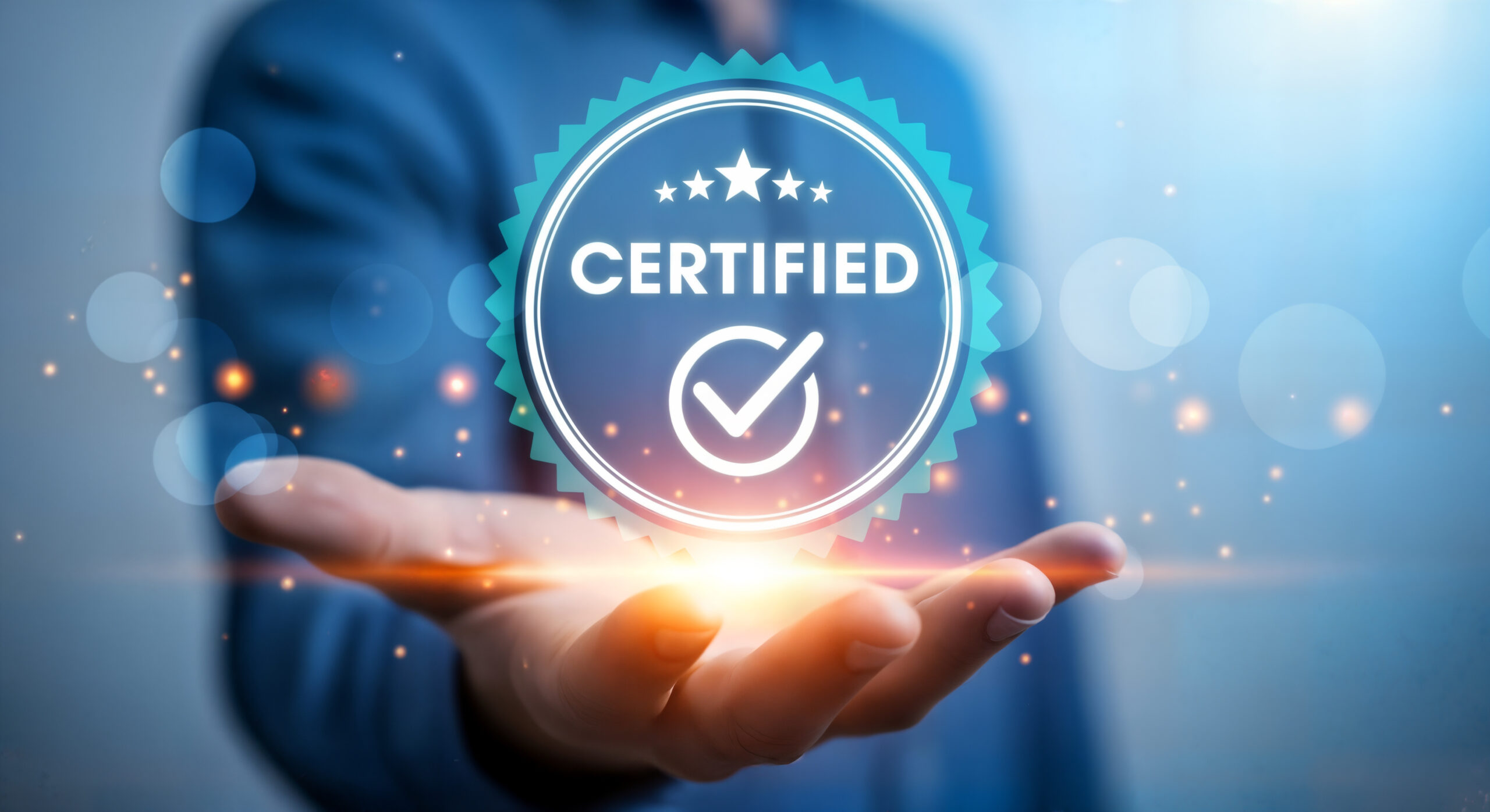 Business Professional Presenting Digital Certification Badge A business professional holding a glowing digital certification badge icon with a checkmark and stars.
