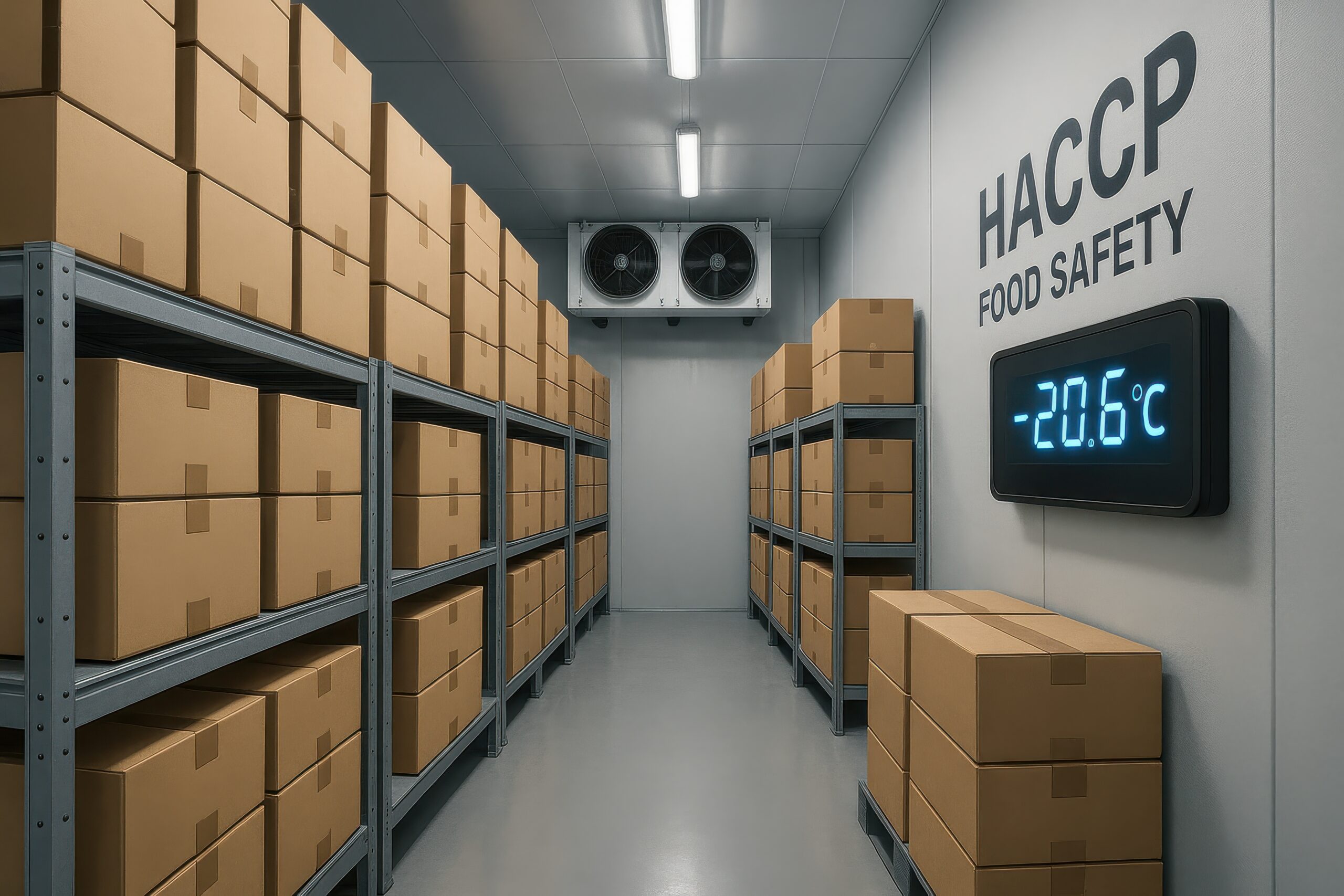 HACCP-Compliant Cold Storage Room with Temperature Monitoring at –20.6°C A commercial cold storage room filled with boxed food products on metal shelves, with a digital HACCP temperature display showing –20.6°C.