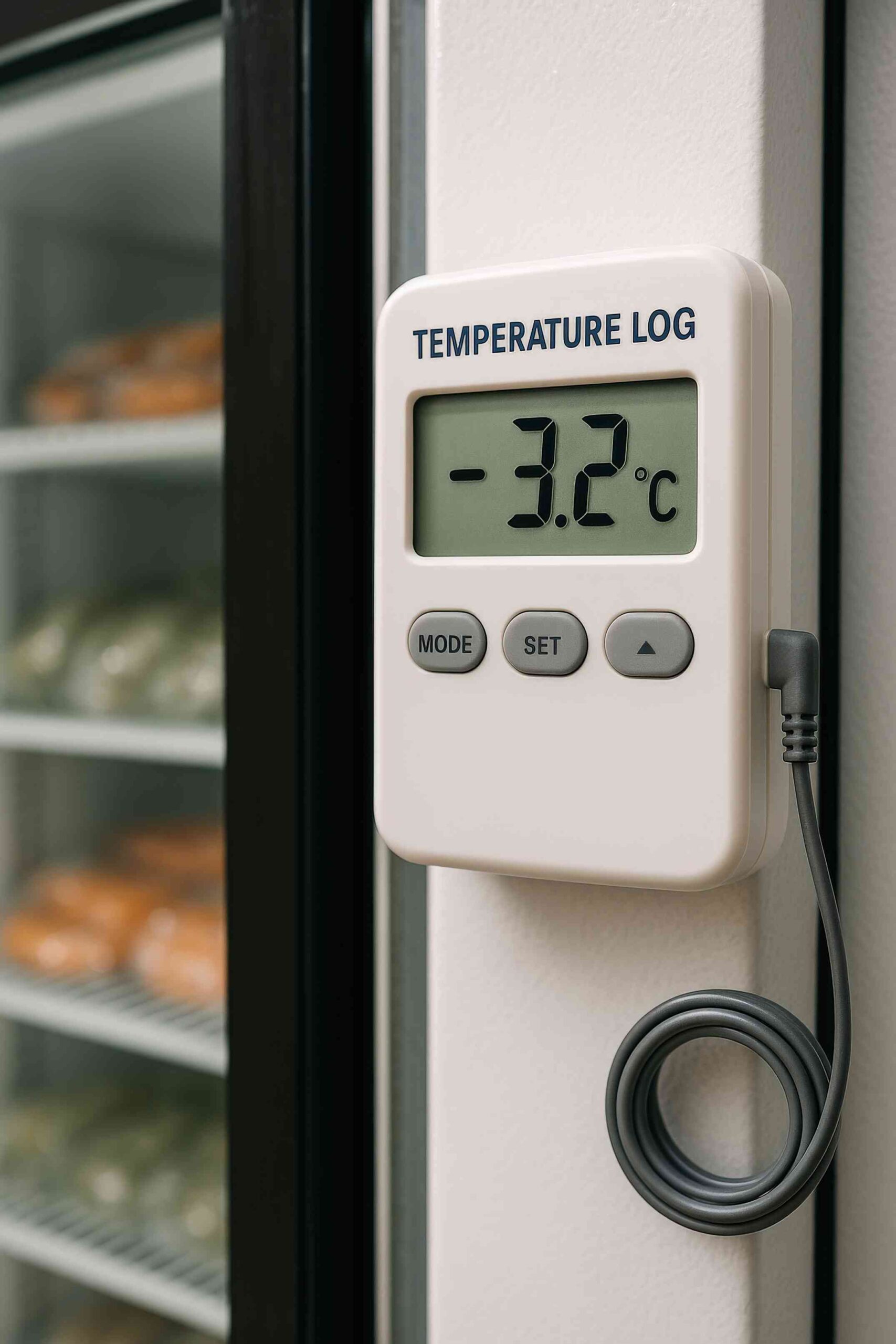 Digital temperature log showing –3.2°C attached to a commercial fridge, illustrating cold storage monitoring in food safety management.