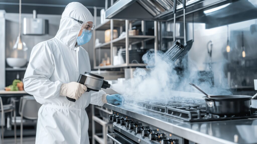 Food safety worker in full protective gear disinfecting a commercial kitchen with a fogging device to prevent pests and contamination.