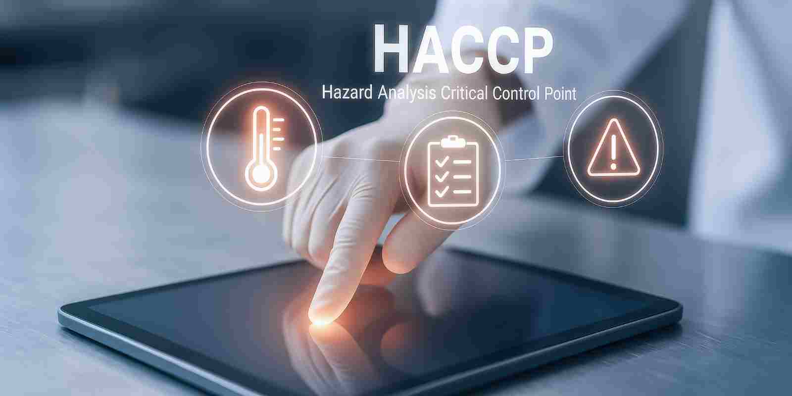 Digital HACCP System on Tablet for Food Safety Management Gloved hand using a tablet displaying digital HACCP icons for temperature control, checklists and hazard alerts.