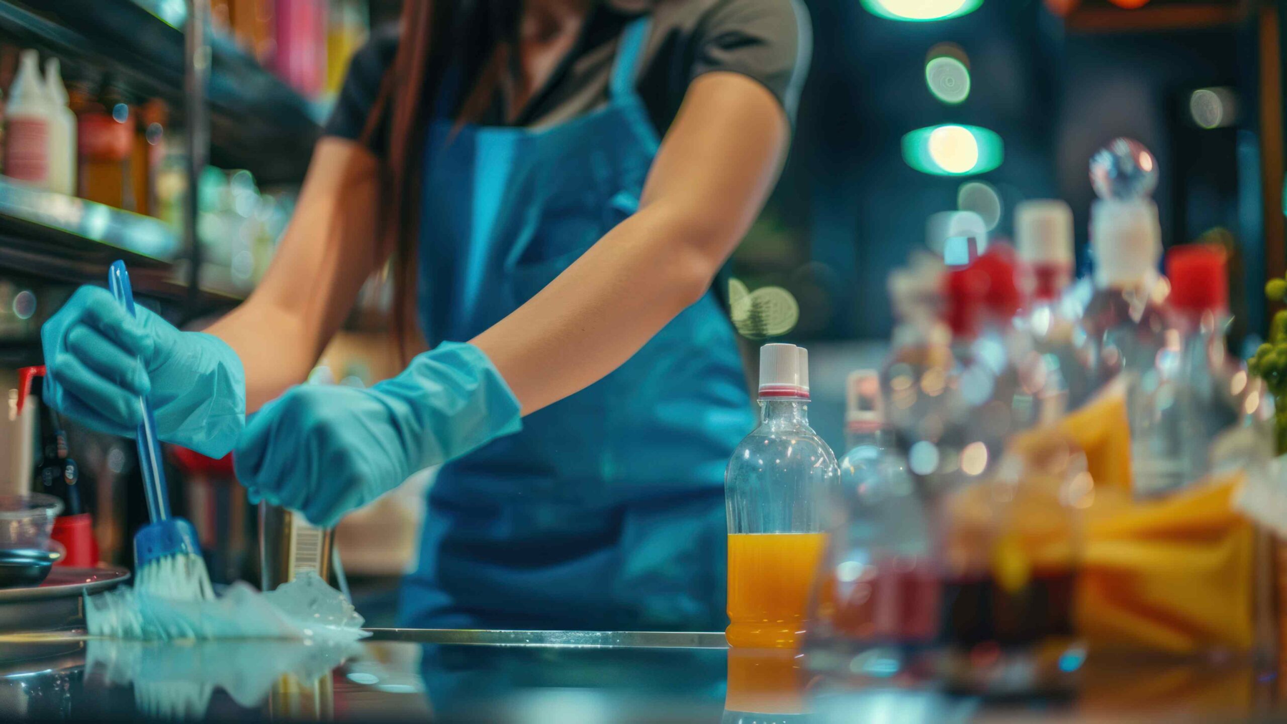 Bar Staff Cleaning Workstation With Gloves and Sanitiser A worker wearing blue gloves cleans a bar workstation with a brush and sanitiser bottles nearby, demonstrating hygiene and food safety procedures.