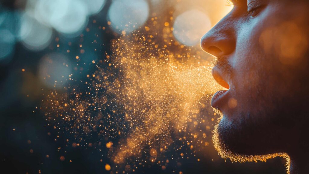 Close-up of a person exhaling airborne particles in warm light, illustrating how viruses like norovirus can spread through droplets in food service environments.
