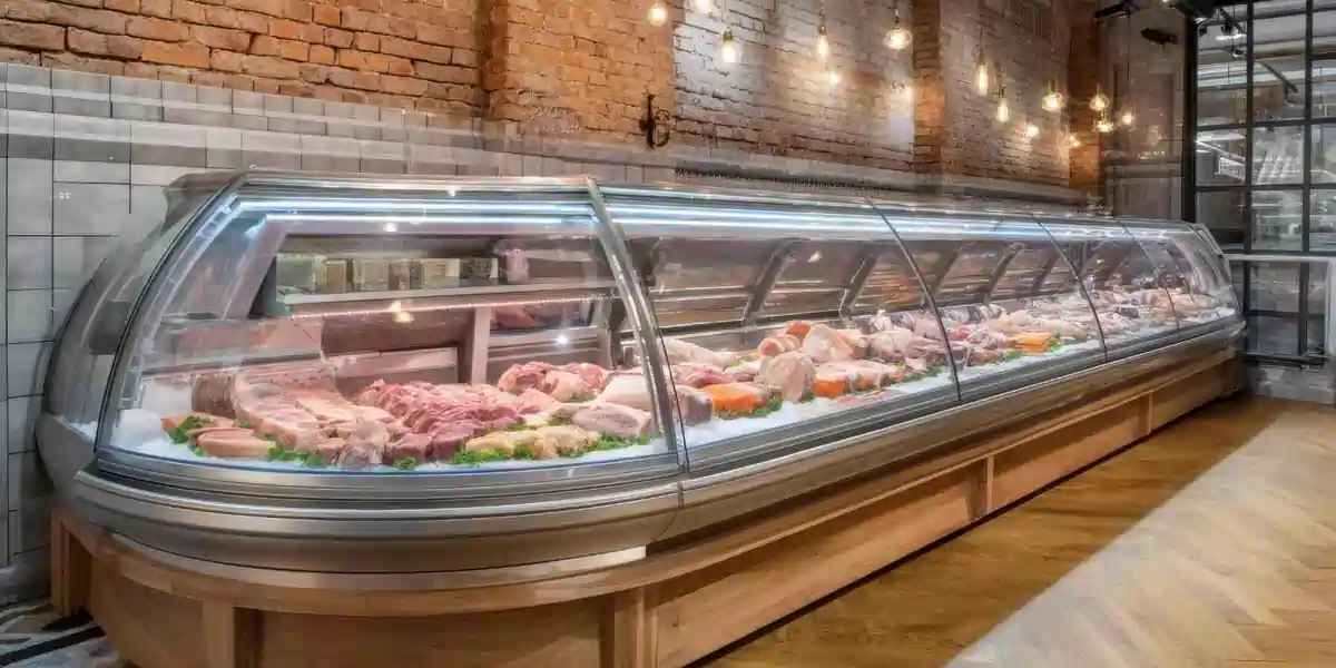 Refrigerated butcher display counter filled with raw meat cuts in a modern food hall, highlighting fresh protein handling, temperature control, and food safety practices