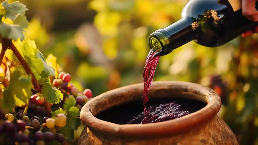 Hand pouring red wine into a traditional clay fermentation pot in a vineyard, surrounded by ripening grapes and sunlit leaves.