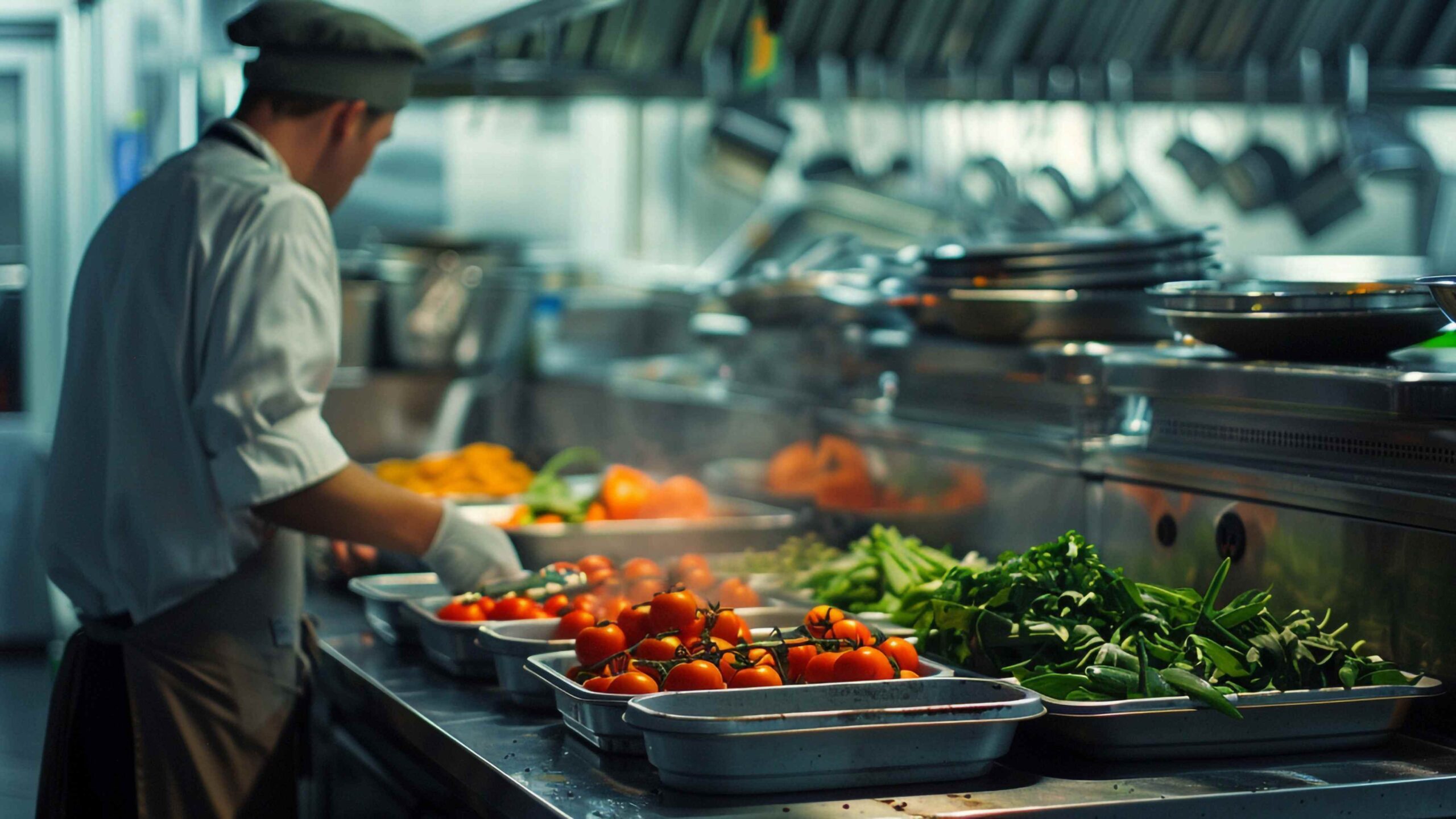 Chef working in a commercial kitchen with trays of fresh vegetables including tomatoes and greens, preparing ingredients while following food safety practices.