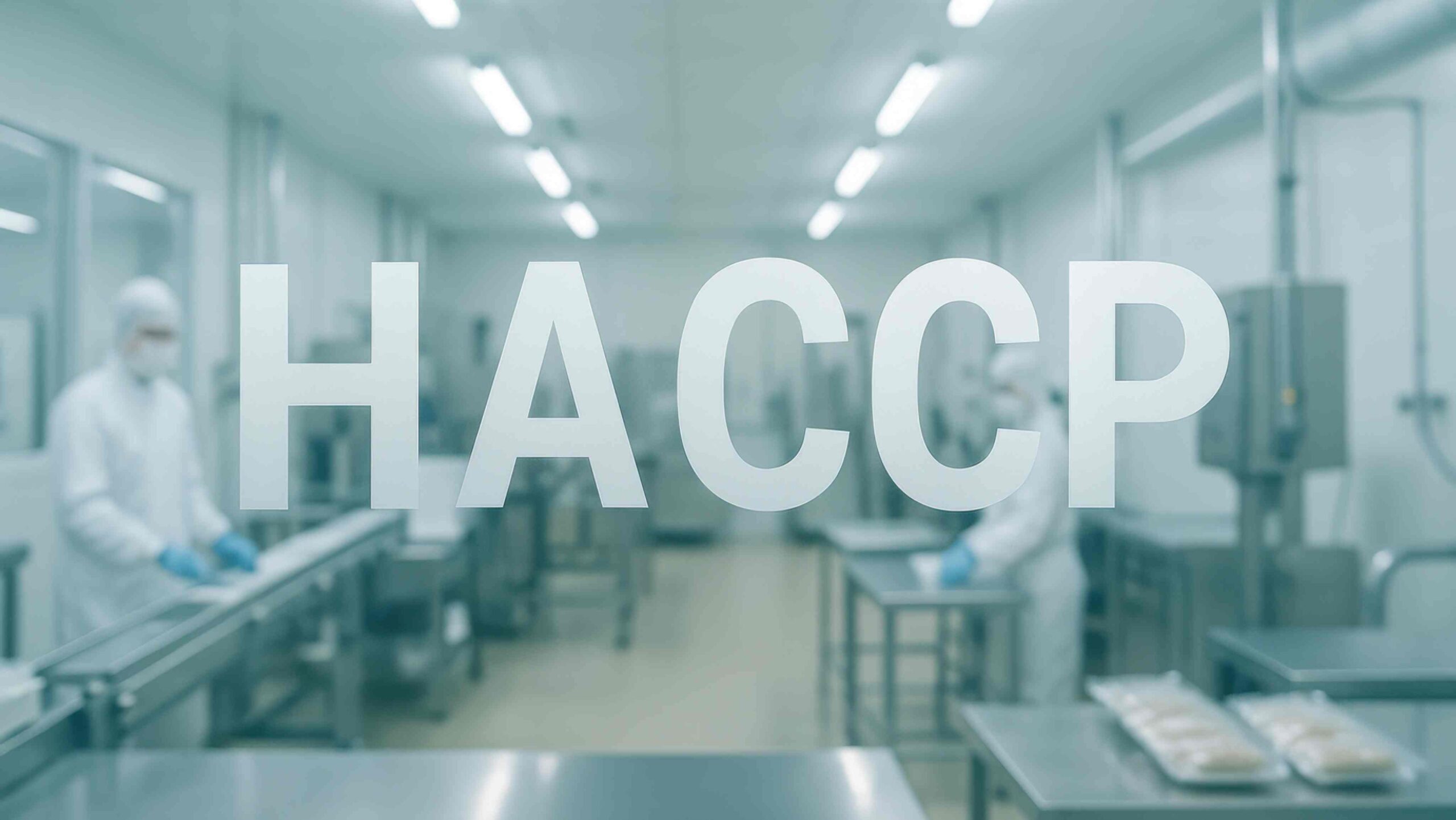 The word “HACCP” displayed over a blurred food processing facility where workers in protective clothing handle food in a high-hygiene environment.