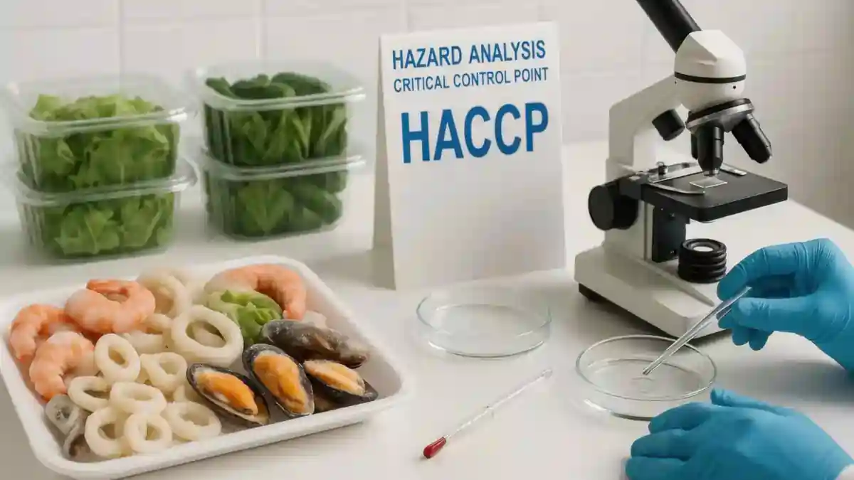 Laboratory scene showing HACCP food safety testing with seafood samples, petri dishes, fresh greens, a microscope, and gloved hands preparing a sample.
