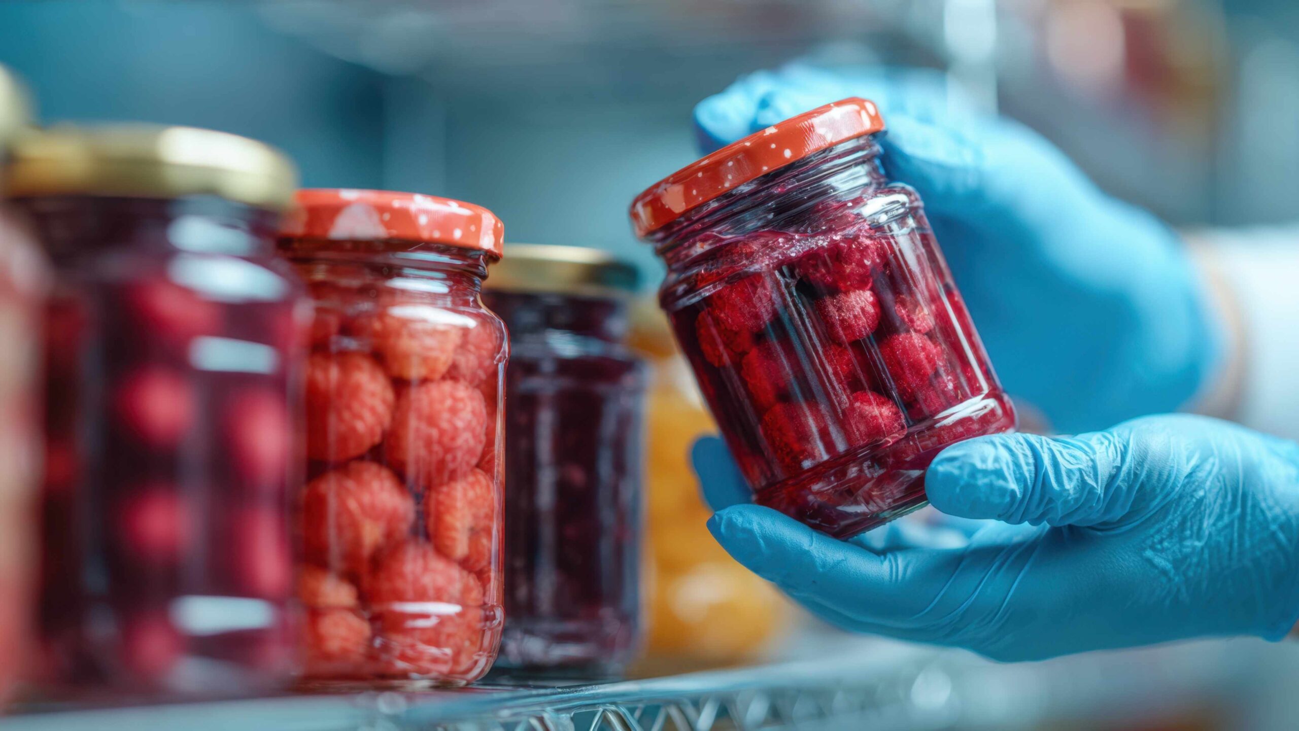 Food Safety Inspection of Preserved Fruit Jars in a Commercial Kitchen Gloved hands inspecting a sealed jar of preserved raspberries on a storage shelf during a food safety check.