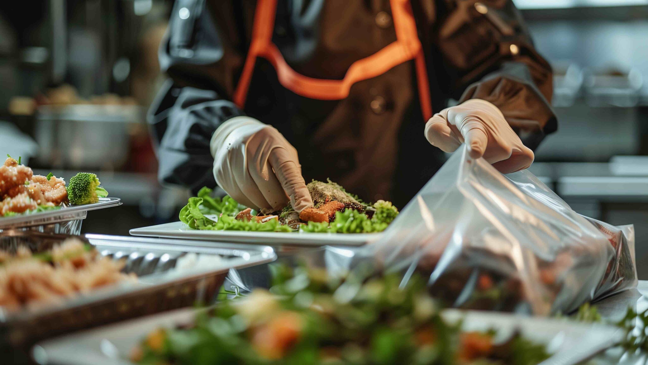 Chef Safely Preparing and Packaging Food in a Commercial Kitchen Chef wearing gloves carefully plating and packaging prepared food in a commercial kitchen to maintain hygiene and food safety standards.