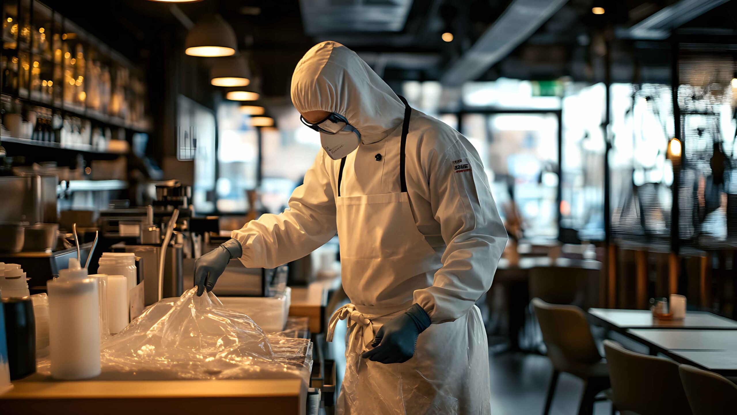 Professional Deep Cleaning and Decontamination in a Restaurant Environment Worker in full protective clothing and gloves performing deep cleaning and decontamination inside a restaurant.