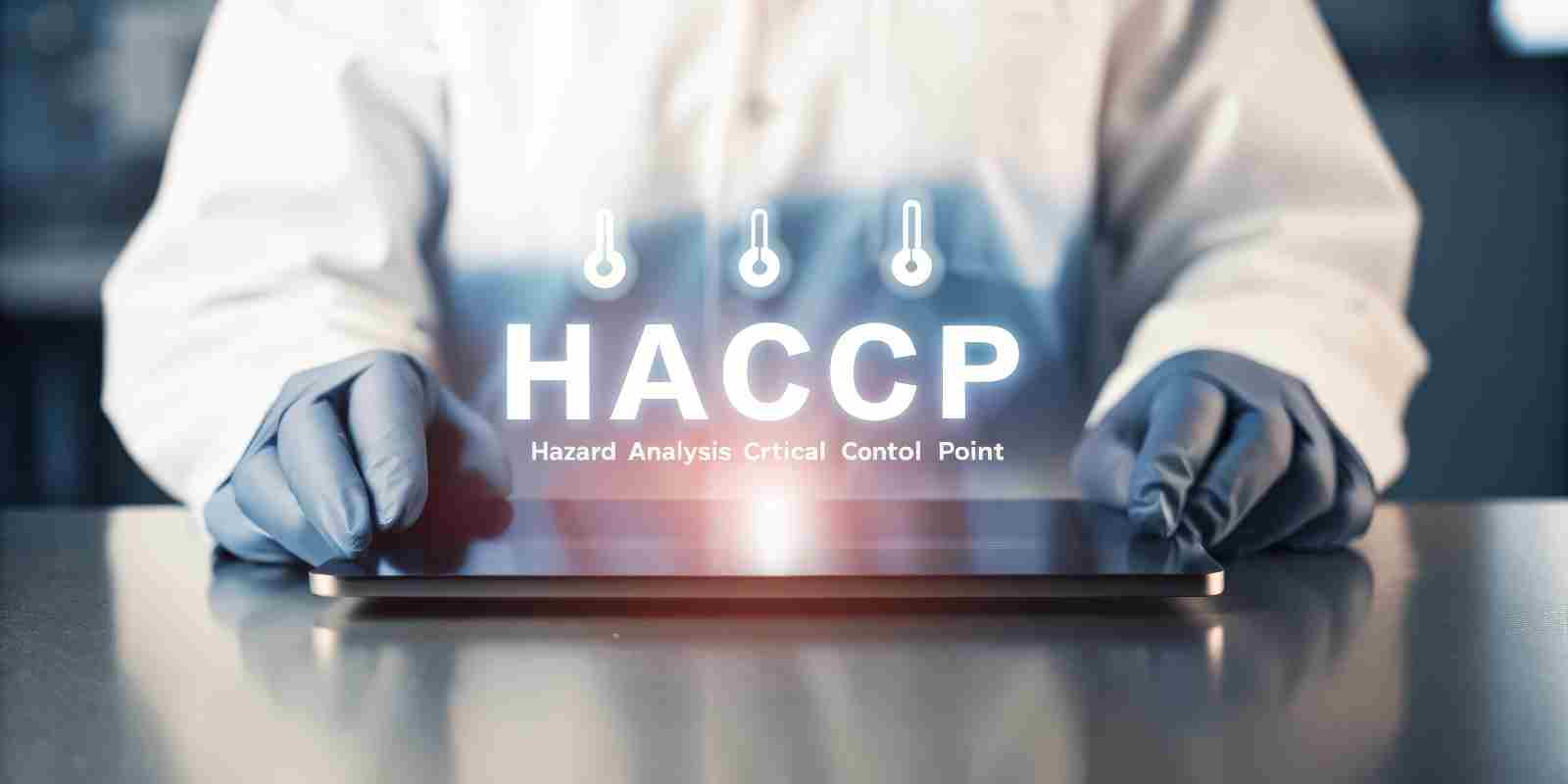 Digital HACCP Monitoring System Used in Food Safety Management Food safety professional wearing gloves using a digital tablet displaying HACCP temperature control icons.