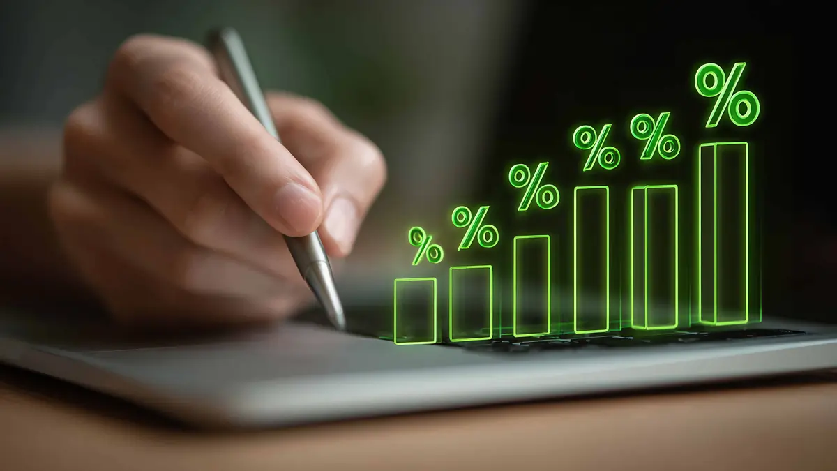 Increasing Financial Percentage Growth Chart on Laptop Close-up of a hand using a stylus on a laptop with a glowing green percentage bar chart rising upwards.