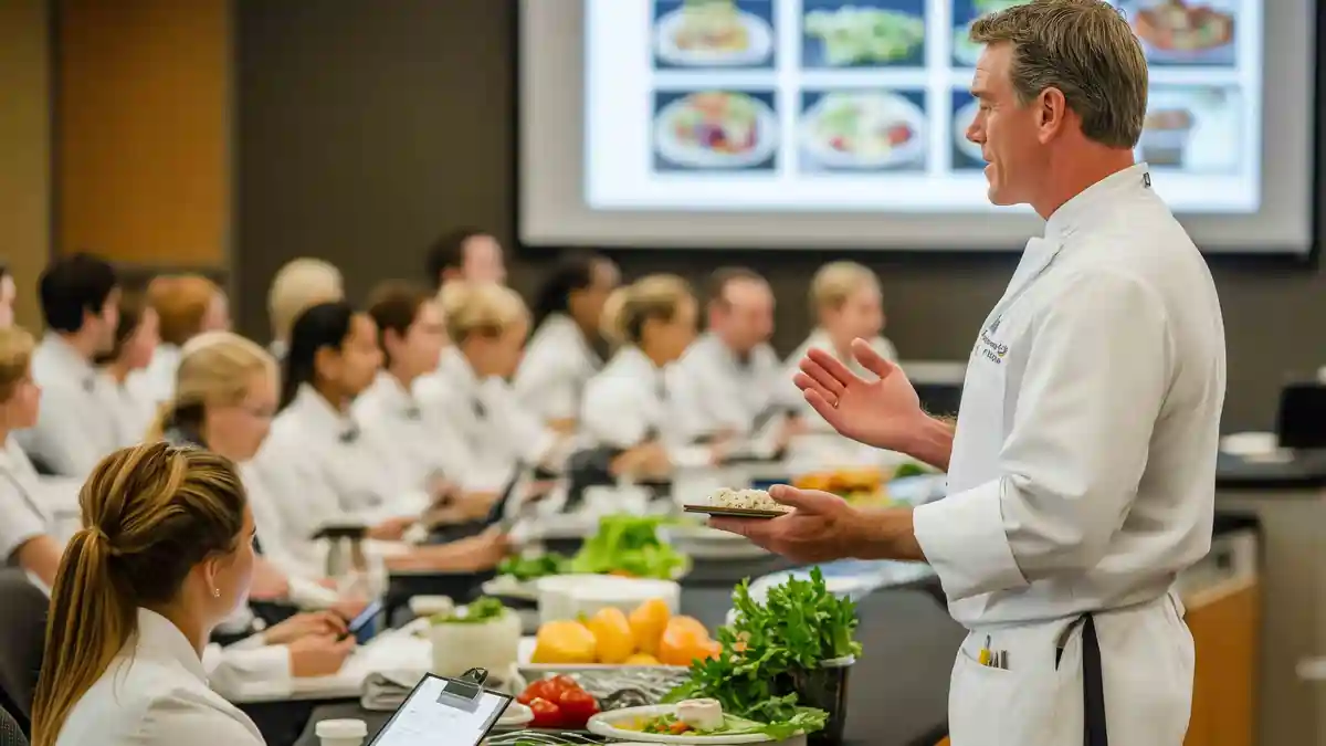 Hospitality staff attending a food safety training session with a chef demonstrating safe food handling practices