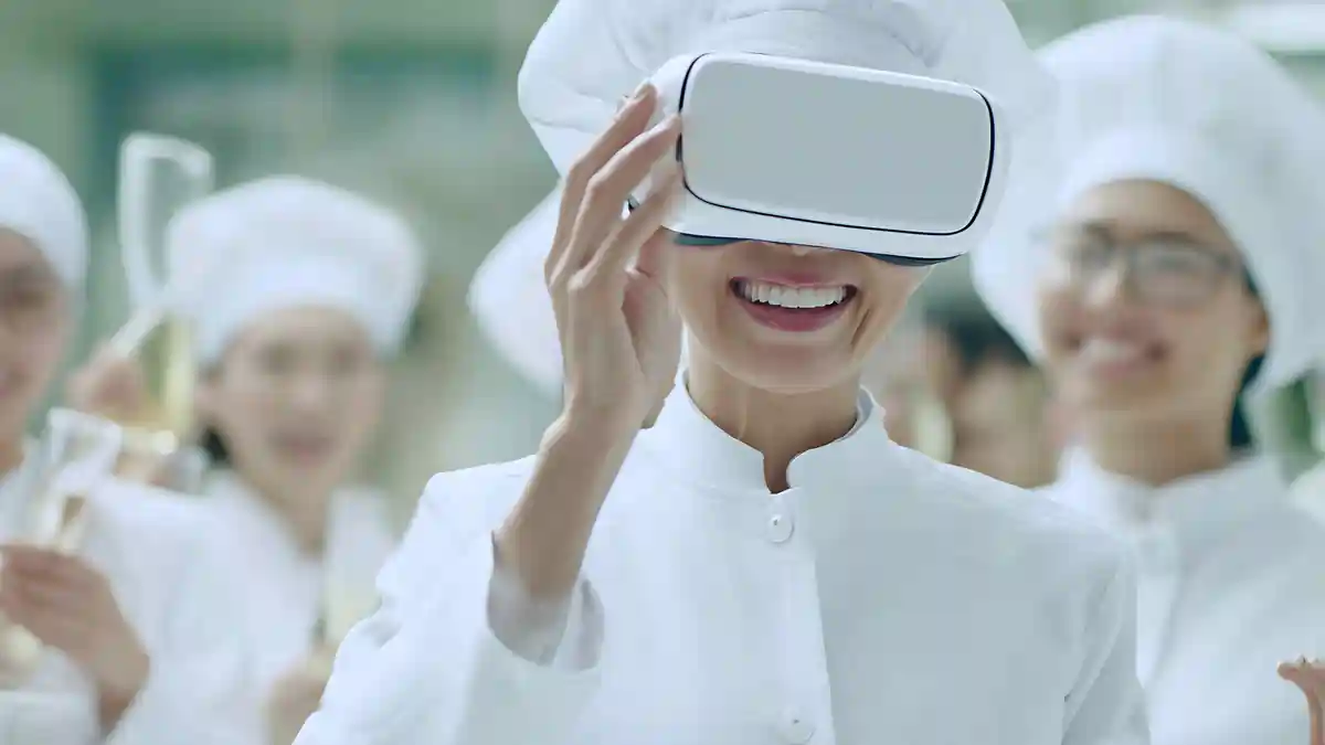 Chef wearing a virtual reality headset and smiling during a training activity, with other chefs standing in the background.