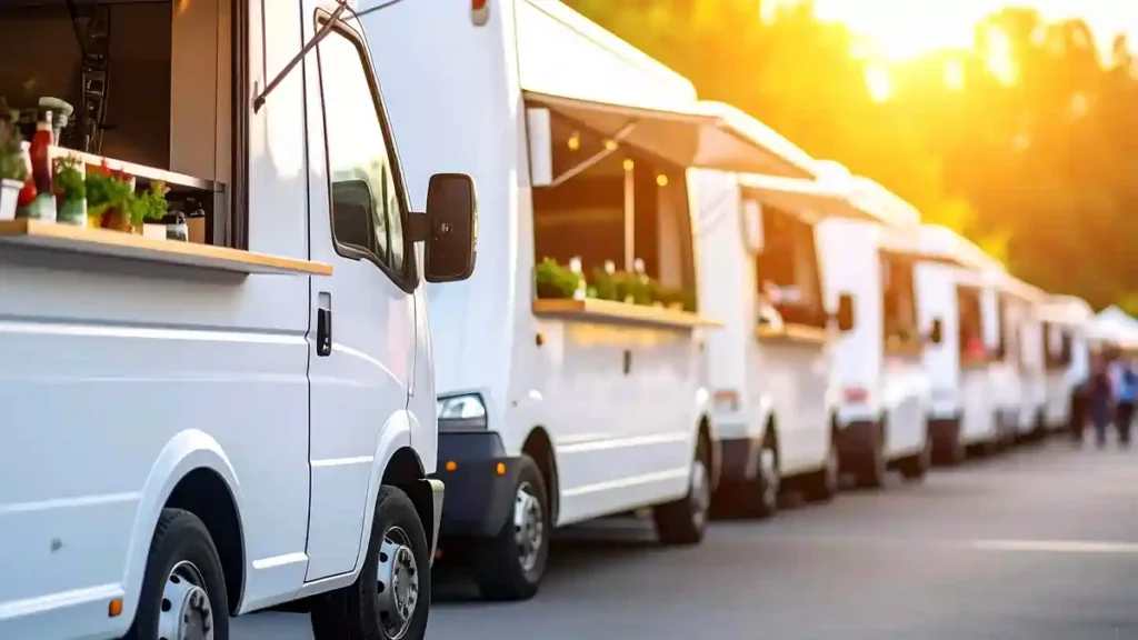 A long line of white food trucks parked side by side at an outdoor market during sunset, with serving hatches open and warm lights glowing.