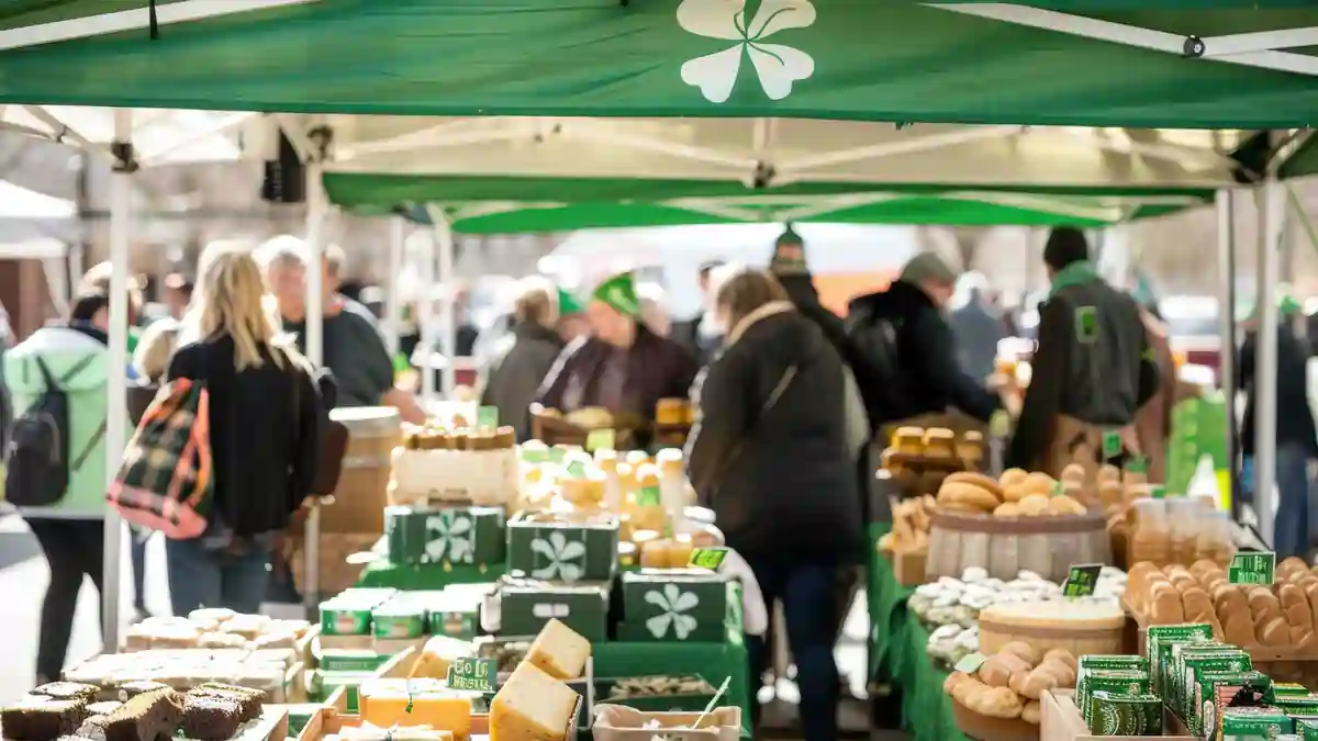 Busy outdoor farmers’ market with food stalls selling bread, cheese, and packaged goods under green canopies