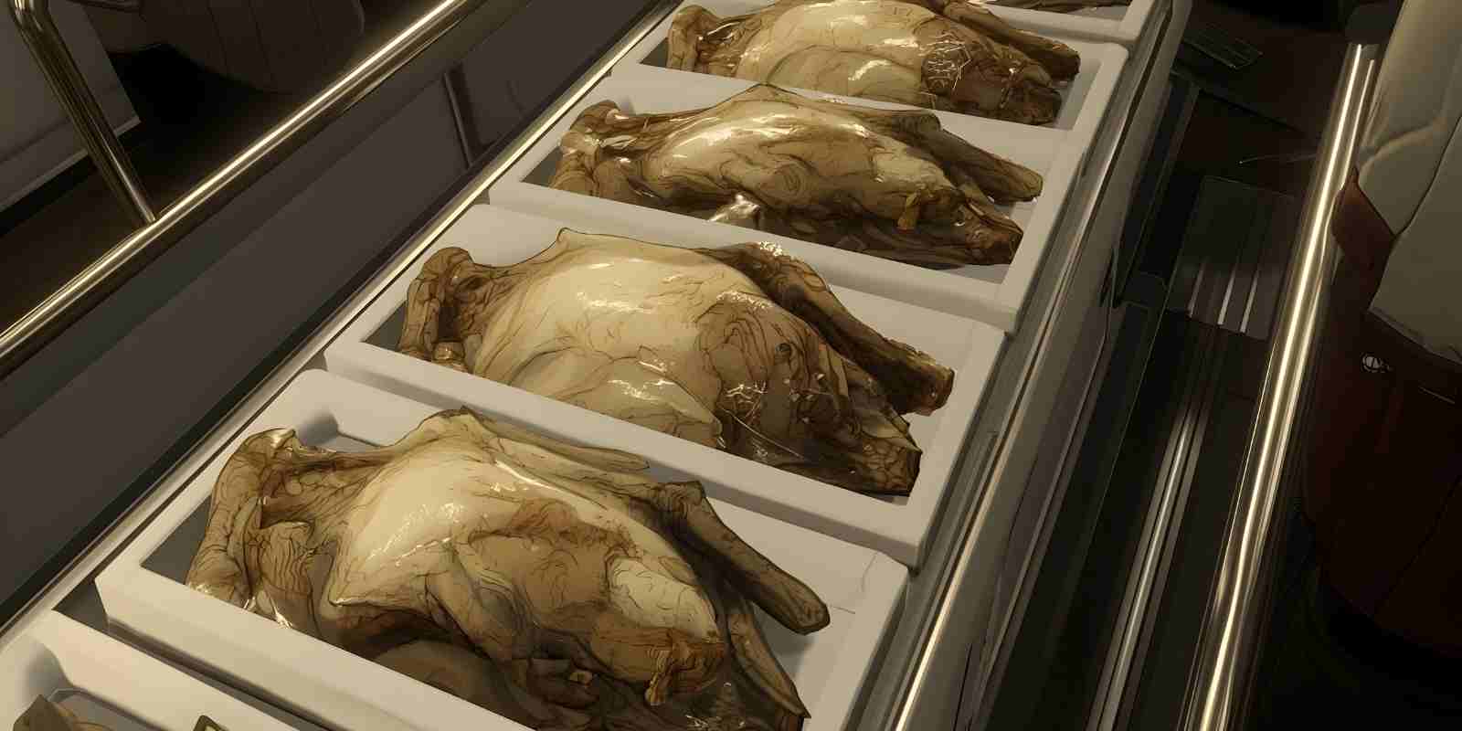 Packaged Raw Turkeys Stored in a Refrigerated Display Unit Multiple raw turkeys sealed in packaging and displayed in a refrigerated supermarket or butcher counter.