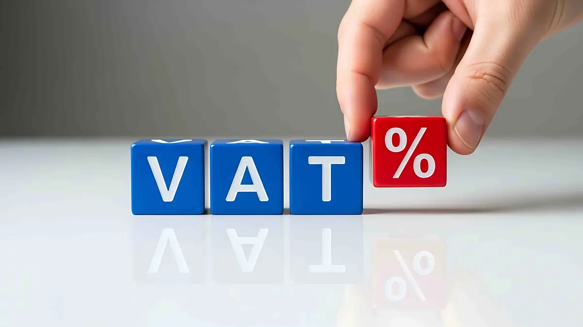 VAT Percentage Concept With Blue Letter Blocks and Red Percentage Symbol Blue blocks spelling VAT with a hand placing a red percentage symbol block beside them.