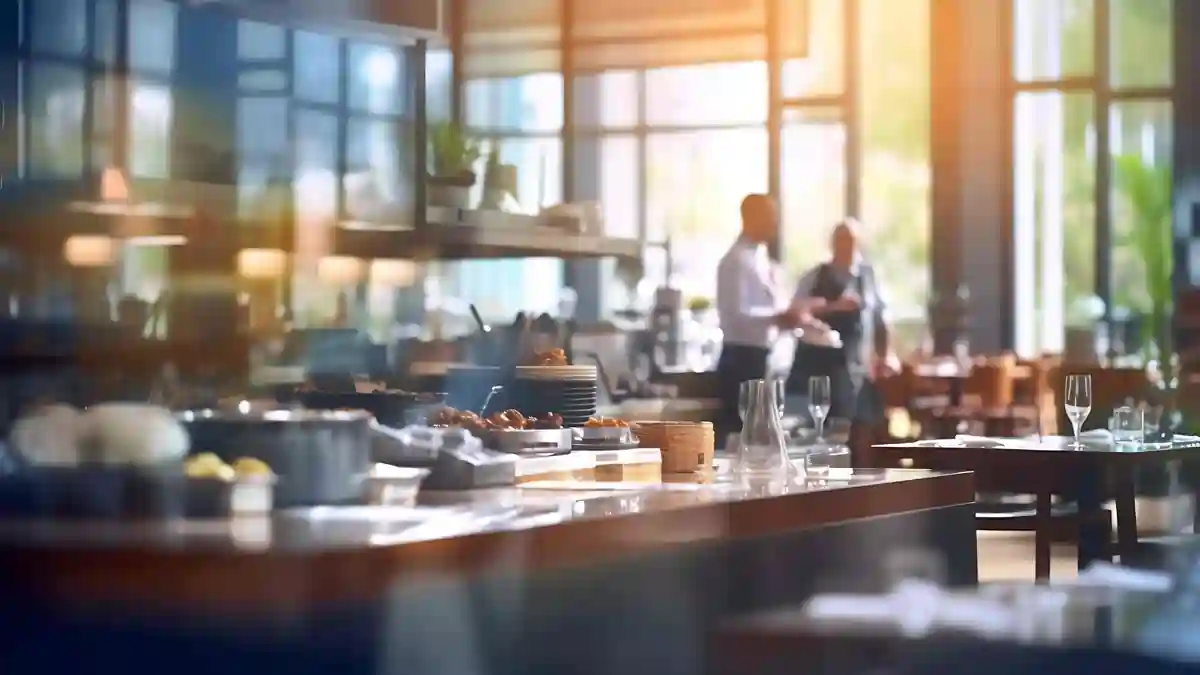 Bright hotel restaurant buffet area with plates, pastries and serving dishes in the foreground, with staff talking in the background during breakfast service.