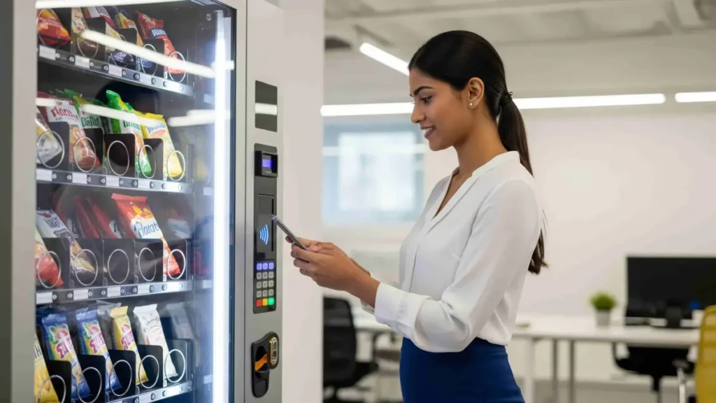 Employee using a workplace vending machine in an office building, highlighting food allergen cross-contact risks managed by facilities teams.
