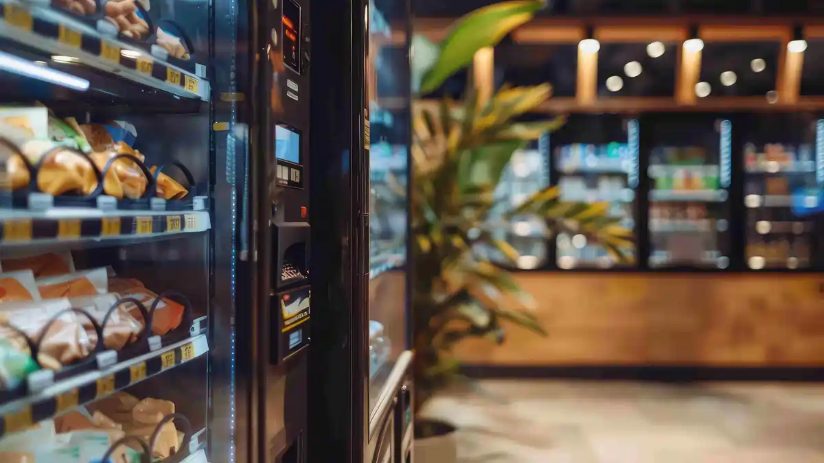 Vending Machine Food Safety Risk in Workplace Facilities Management Close-up of a workplace vending machine stocked with wrapped food products, illustrating allergen cross-contact and hygiene risks in outsourced vending services.