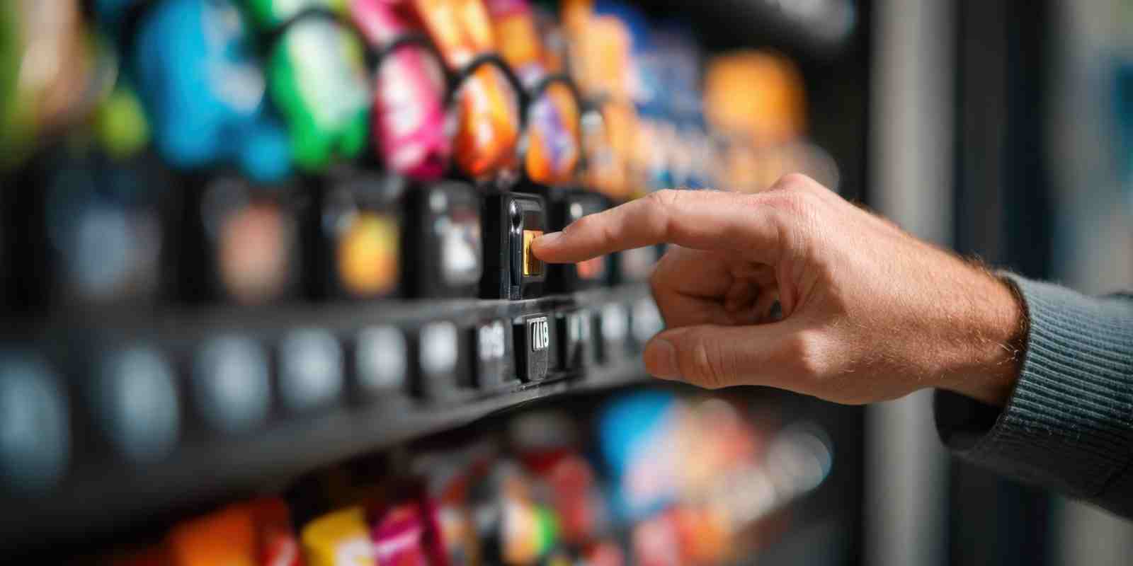 Employee Selecting Snack from Workplace Vending Machine – Allergen Oversight Risk Hand selecting a snack from a workplace vending machine, highlighting hidden allergen cross-contact risks in shared office facilities.